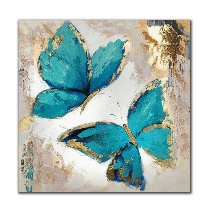 TPFLiving Kunstdruck (OHNE RAHMEN) Poster - Leinwand - Wandbild Türkisene Schmetterlinge vor goldenem und beigen Hintergrund (Verschiedene Größen) Farben: Leinwand bunt - Größe: 20x20cm