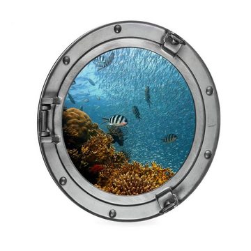 K&L Wall Art Gemälde Metallposter Rund Ozean Bullauge U-Boot Fenster Fische Korallen, Metalloptik Wandbild Ø 20cm