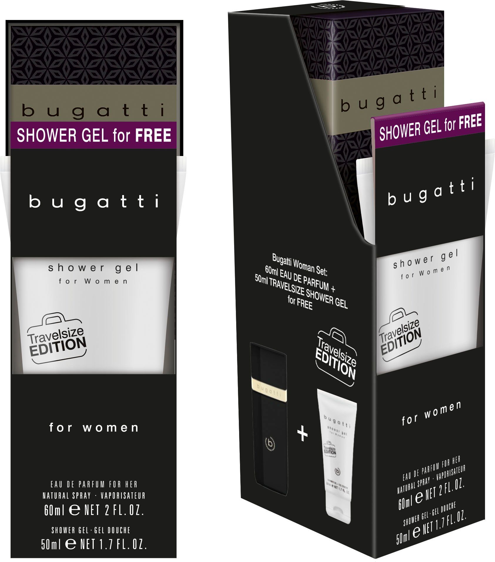bugatti Eau de Parfum Bugatti Eleganza Intensa EdP 60 ml + (gratis) Duschgel 50 ml Bundle, 2-tlg., Blumig-orientalischer Duft mit travelsize Duschgel.