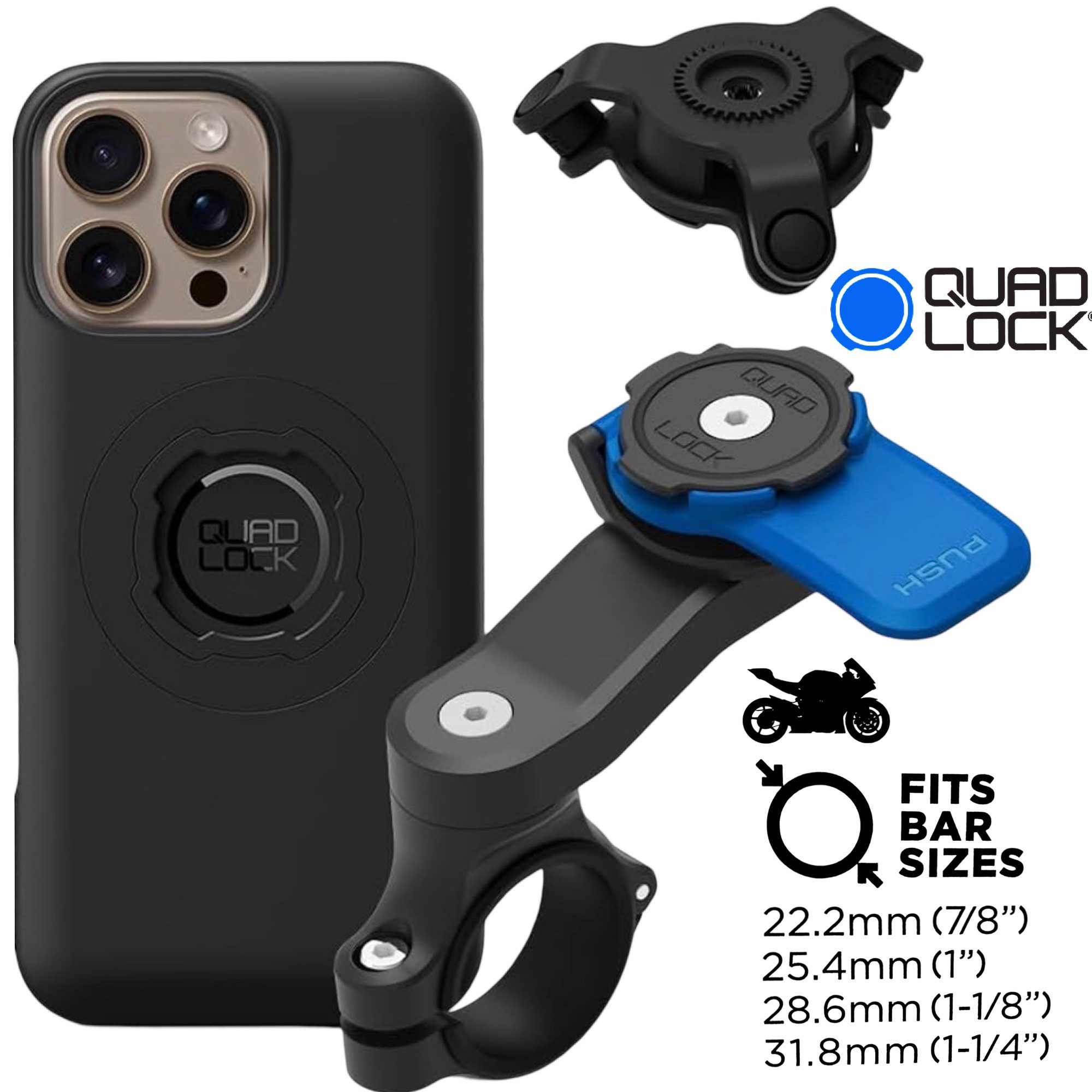 Quad Lock Handy-Halterung QUAD LOCK Motorrad Lenker Handyhalterung + Dämpfer+ MAG Hülle Iphone