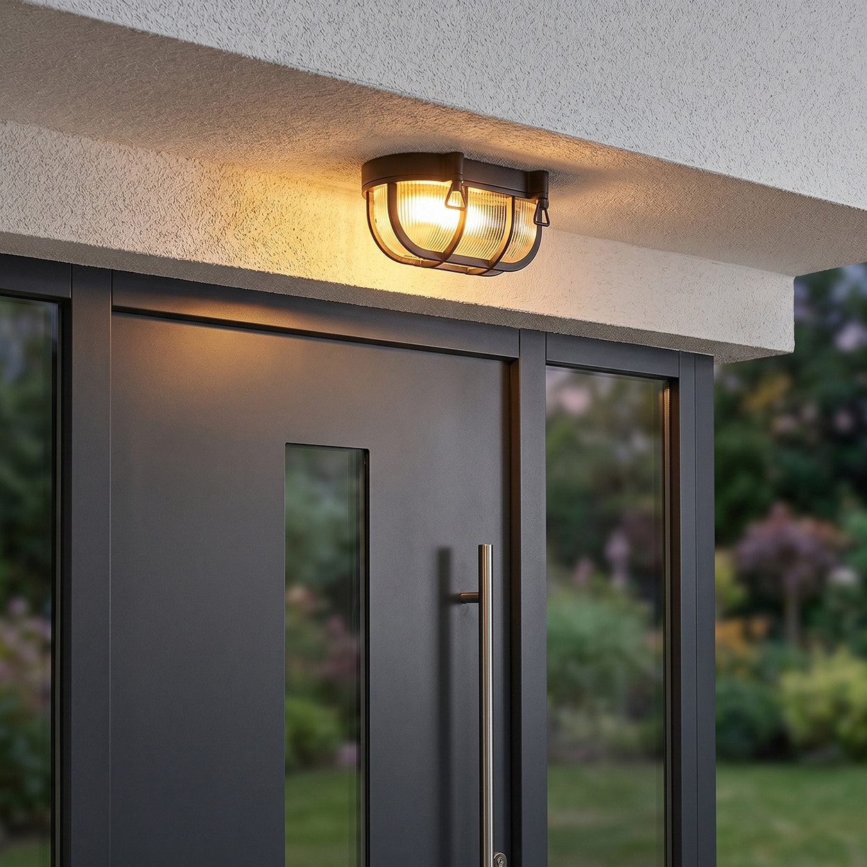 hofstein Außen-Deckenleuchte Außendeckenlampe aus Metall/Riffelglas in Schwarz/Klar, ohne Leuchtmittel, Deckenleuchte draussen im Industrial/Retro/Vintage-Design, E27, IP44