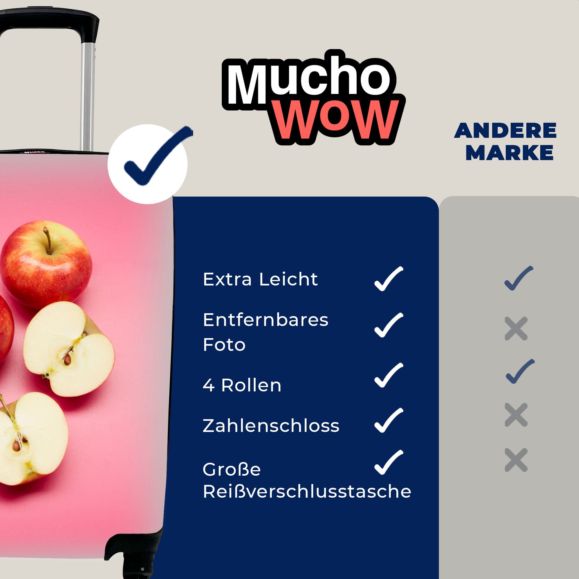 Rollen, mit Apfel Reisekoffer - Trolley, - Rosa, Reisetasche rollen, Ferien, 4 Handgepäckkoffer Handgepäck MuchoWow für Obst