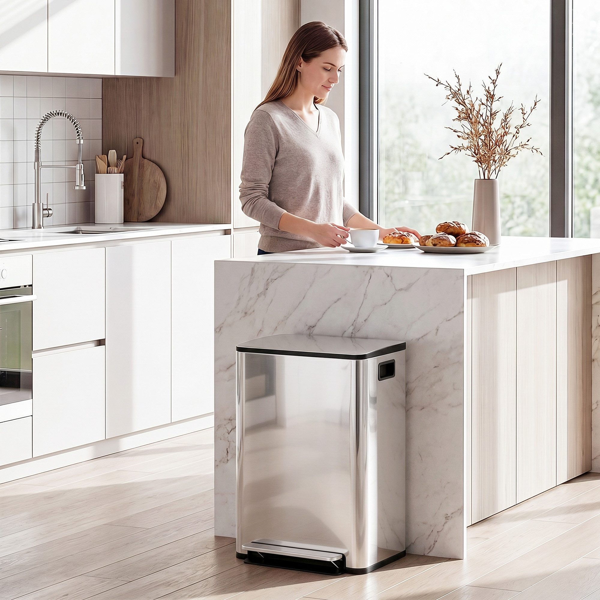 HOMCOM Mülltrennsystem Mülleimer Küche Abfalleimer 2x30L mit Pedal Edelstahl, 2 Fächer, Soft-Close, Fingerabdruckfrei