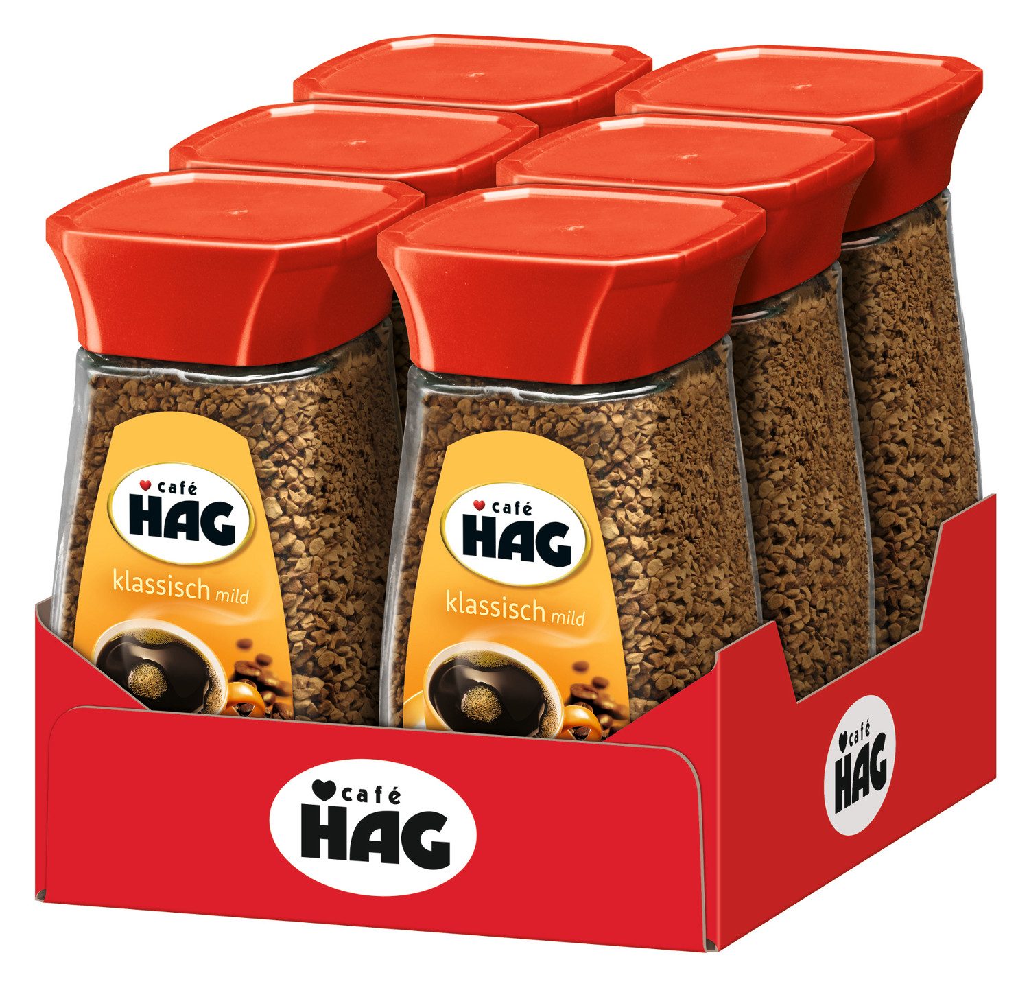 Café HAG Kaffee Löskaffee entkoffeiniert klassisch mild 6x100g Gläser löslicher Kaffee, 600 g, (Packung, 6er Pack)