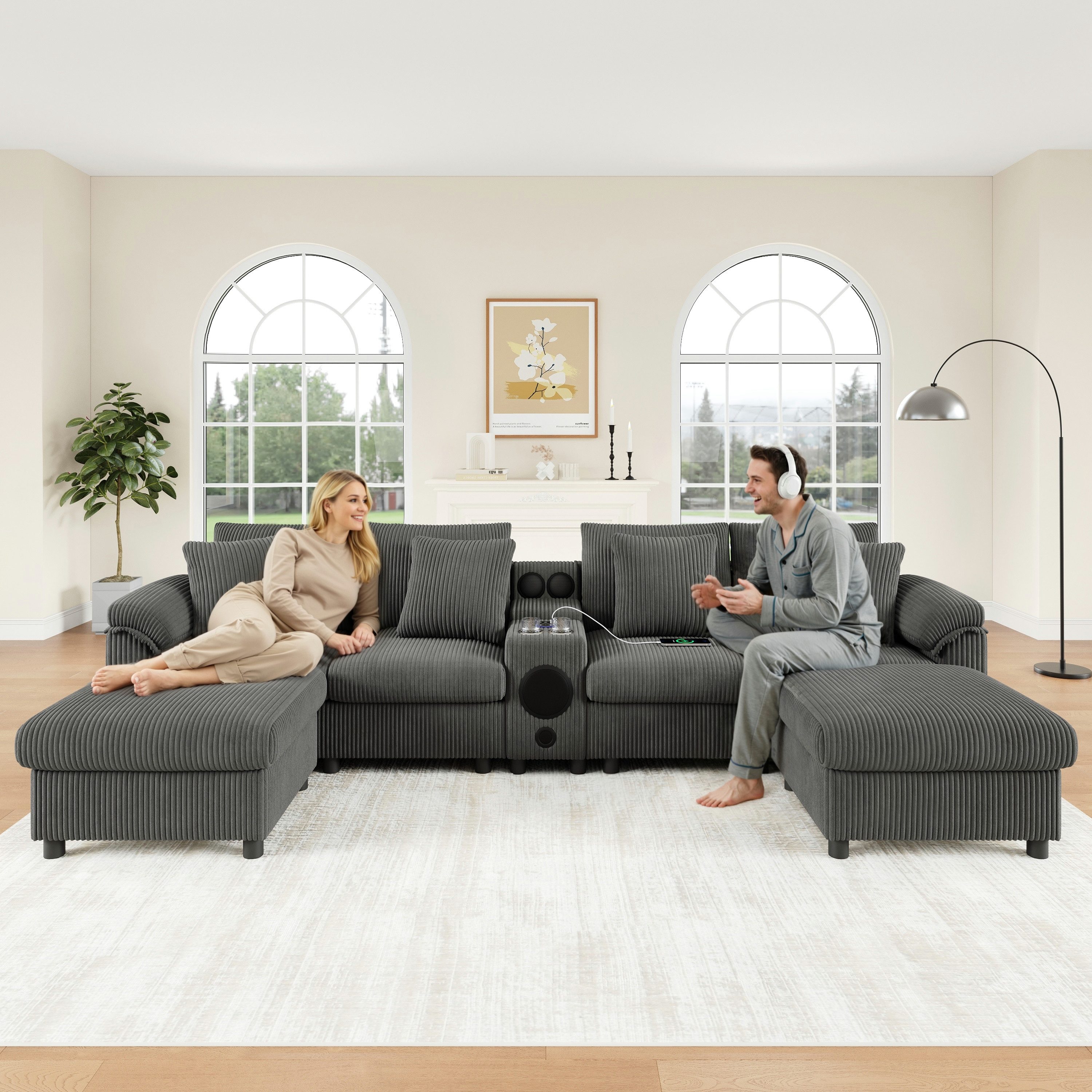 i@home 4-Sitzer U- und L-förmiges Sofa, mit Bluetooth-Lautsprecher,kabellosem Laden, USB, Getränkehaltern