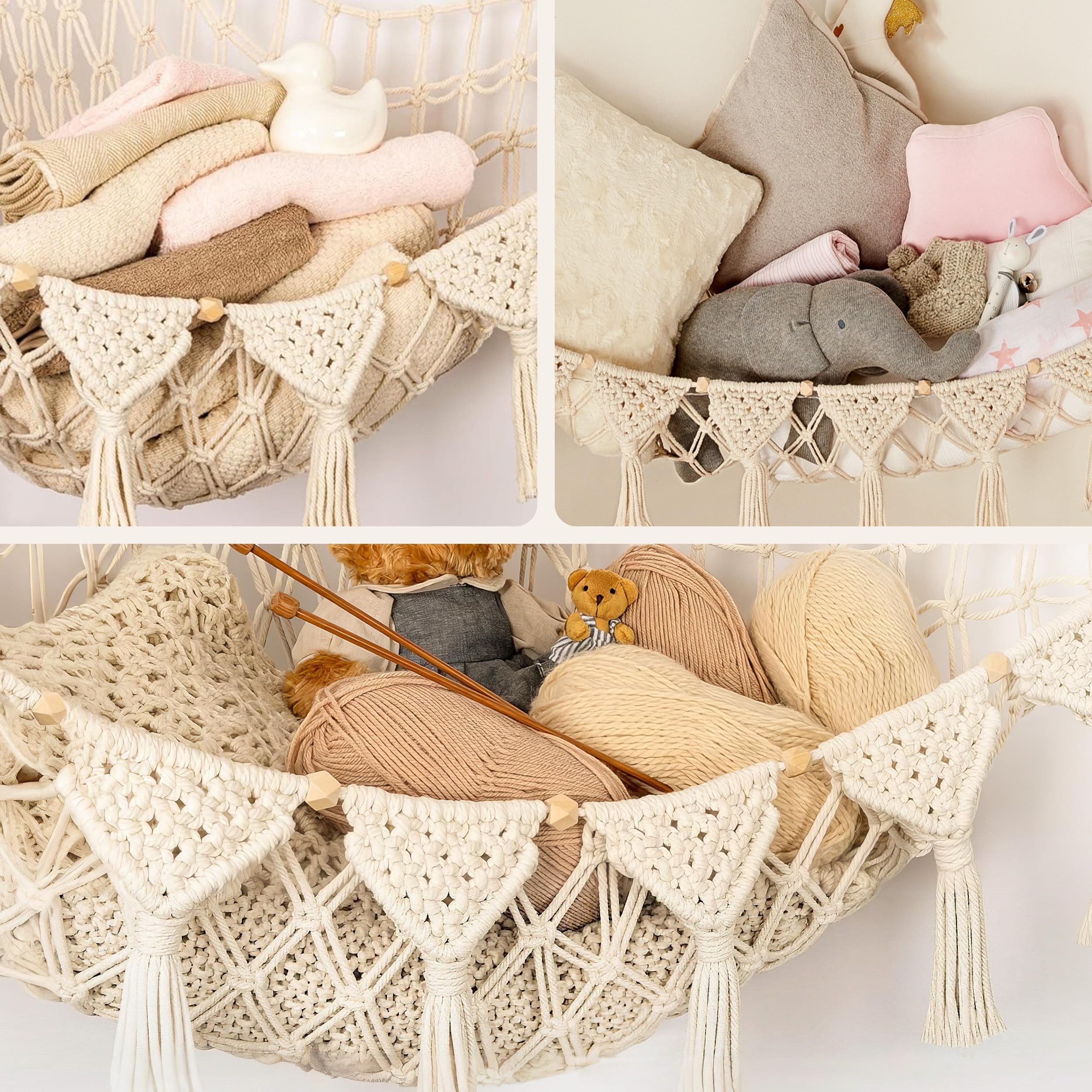 FOUORTUNATE-BEE Hängekorb Hängende Spielzeugaufbewahrung Netz für Kuscheltiere im Kinderzimmer, Boho Spielzeugnetz für Kuscheltiere, Ecken, Wände und Türen – Bild 4 von 5