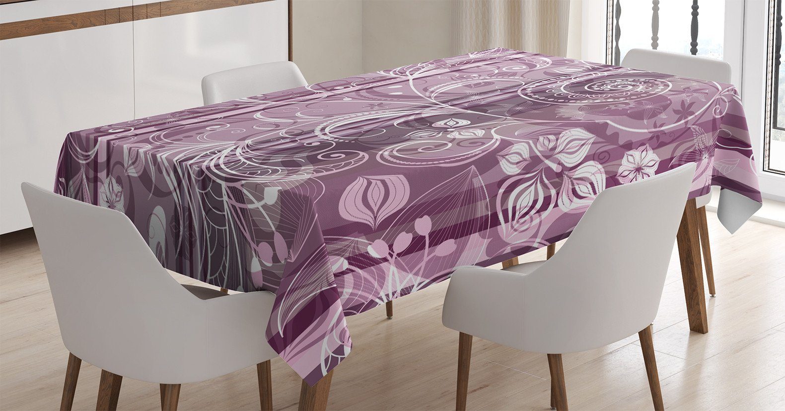 Abakuhaus Tischdecke Farbfest Waschbar Für den Außen Bereich geeignet Klare Farben, Lila Blumen-Blätter Retro | Tischdecken