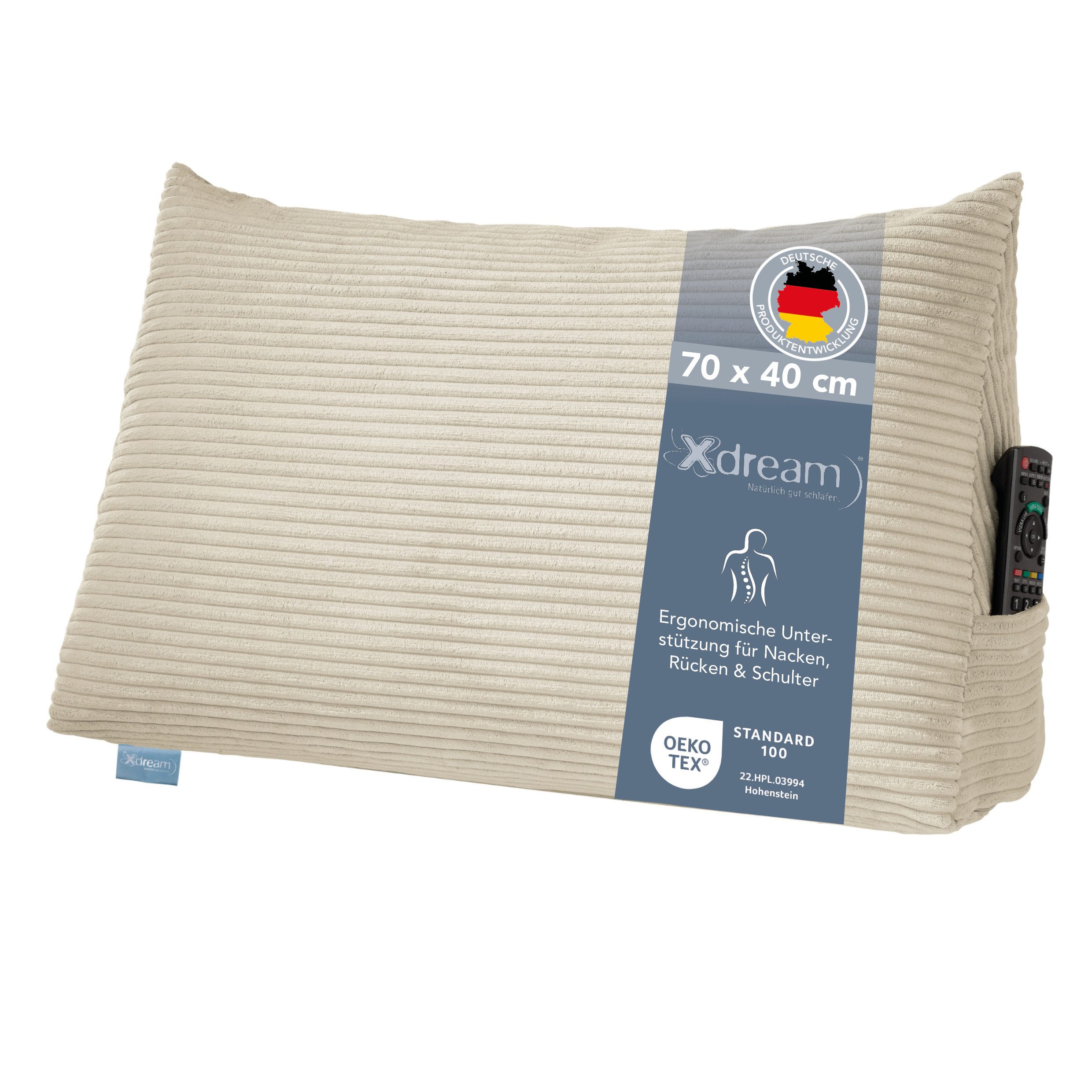 XDREAM Rückenkissen ergonomisches Keilkissen für Bett und Sofa, 1-tlg., als Kopfkissen oder Venenkissen verwendbar, mit praktischem Seitenfach