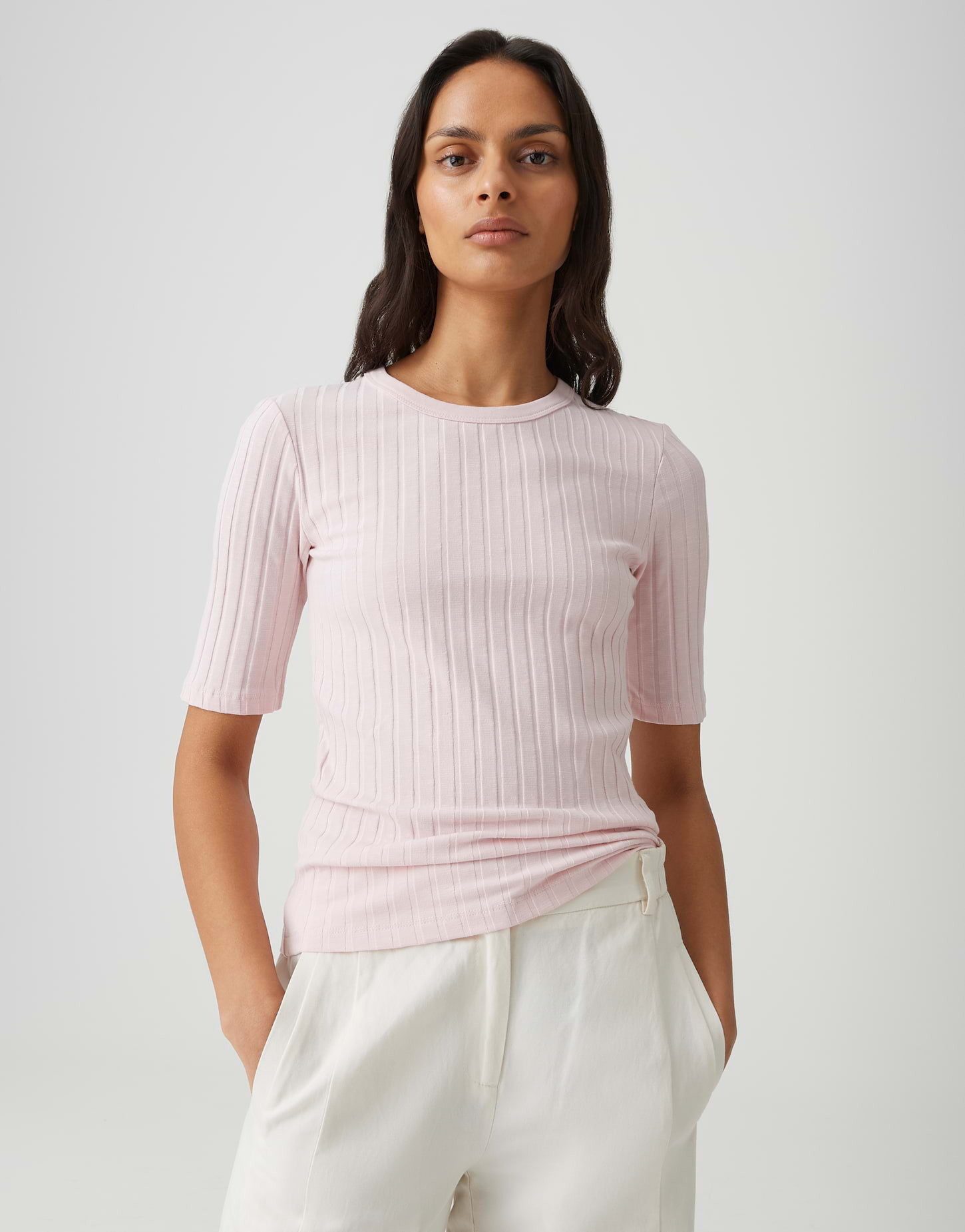 OPUS Kurzarmshirt Basic Rippshirt aus Baumwoll Mix Schmale Passform, Pull-on, elastischer Stoff