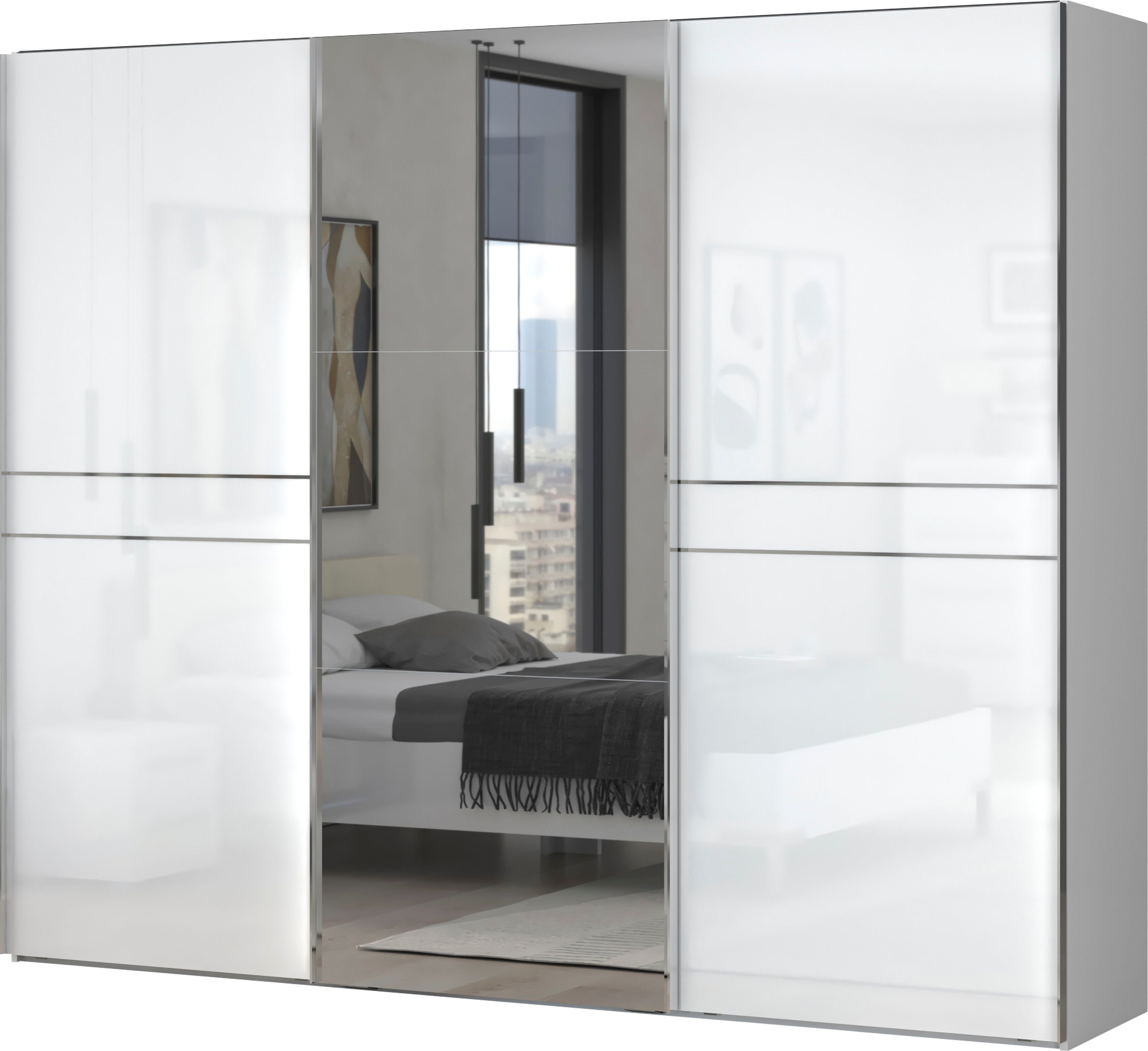 OTTO home Schwebetürenschrank Piano, mit Einlegeböden, Kleiderstangen, Spiegel, Türen soft-close (in 3 Breiten, 224cm hoch, mit verchromten Aufleistungen) mit Spiegeltür, FSC-zertifizierter Holzwerkstoff