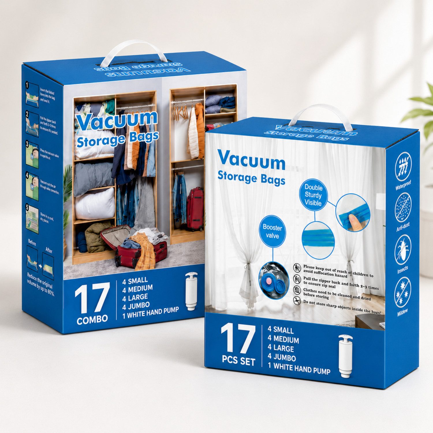 ibettertec Kofferorganizer Vakuumbeutel für Kleidung 17-teilig, 4 Größen mit Handpumpe (Vakuumbeutel für Kleidung 17-teilig, 16 Vakuum Aufbewahrungsbeutel mit Handpumpe, 4 Größen 70x100/60x80/50x70/40x60 cm, platzsparend, luftdicht & wiederverwendbar)