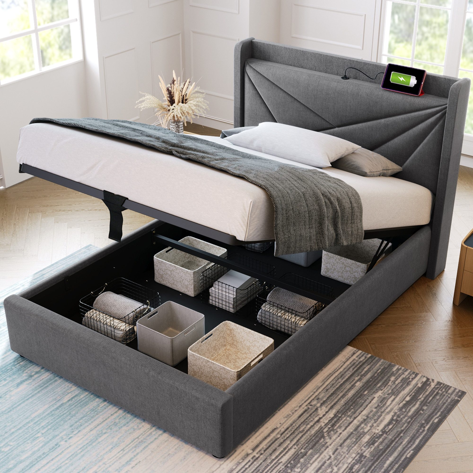 TavilaEcon Boxspringbett mit Bettkasten und USB Typ C, Größe wählbar von 140 bis 180 ×200 cm, 140x200cm, aus Leinenmaterial, Grau – Bild 5 von 5