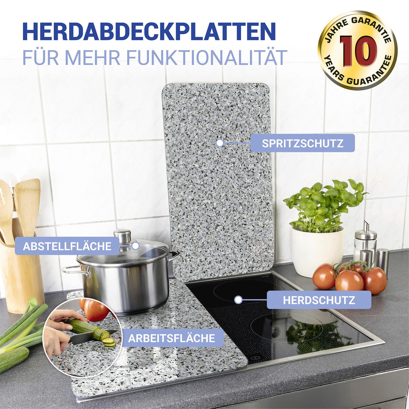 WENKO Herd-Abdeckplatte Universal Modell Granit, Glas, Kunststoff, (Set, 2 tlg), Herdabdeckung für alle Herdarten, kratzfest, mit rutschfesten Füßen