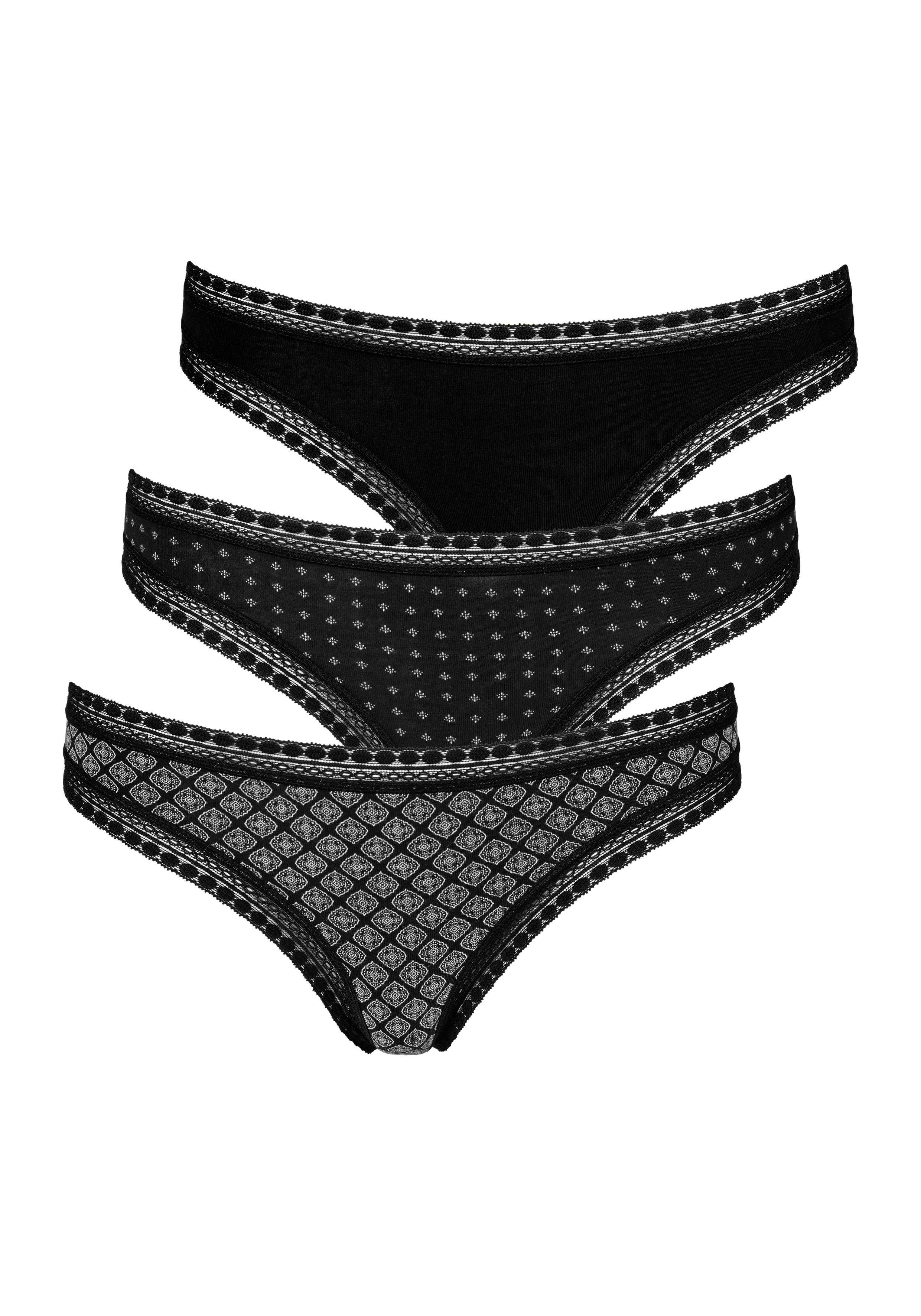 LASCANA String 3-St) aus schwarz Spitze (Packung, Baumwolle weicher elastischer mit