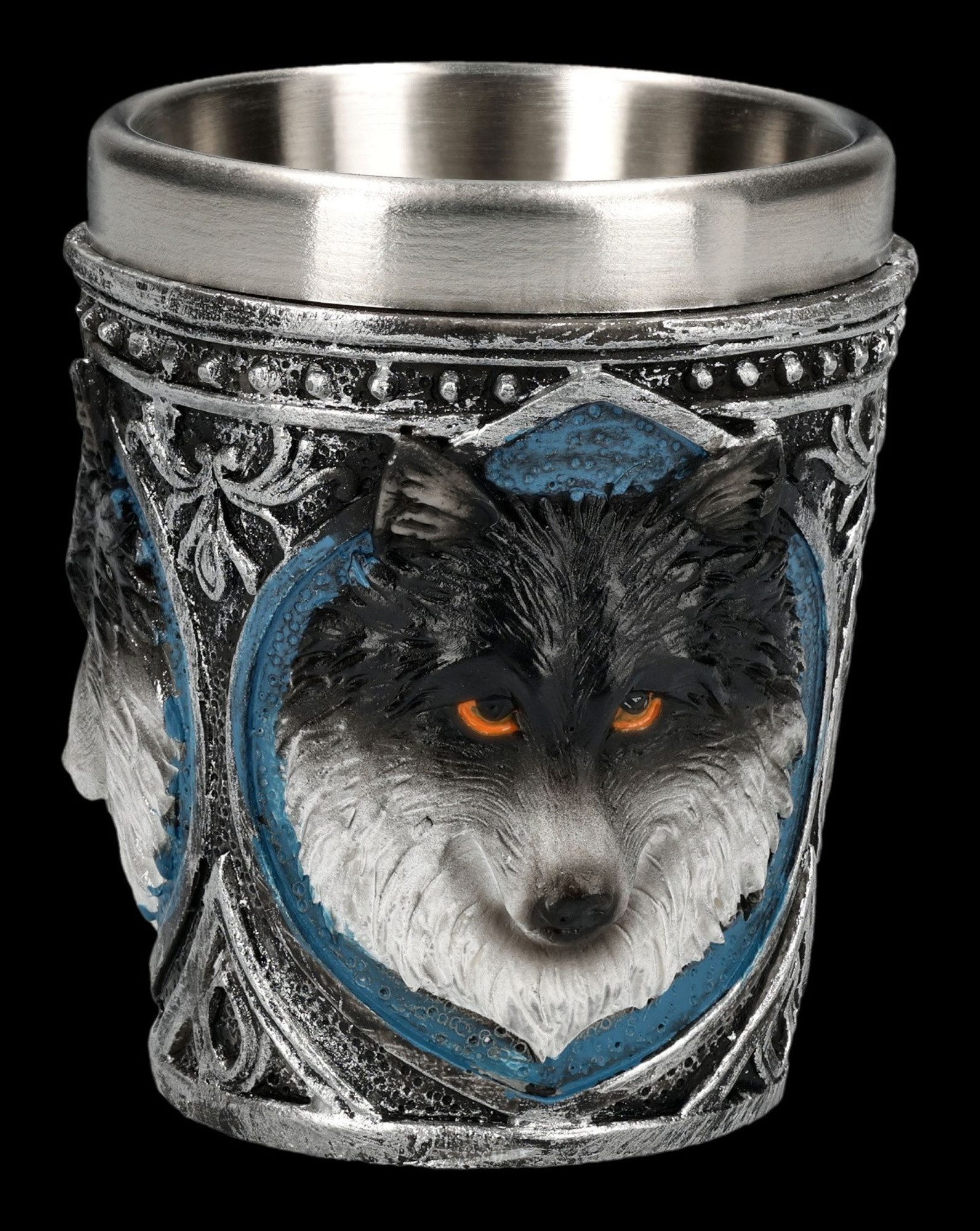 Figuren Shop GmbH Becher Wolf Schnapsbecher 4er Set – Gothic Trinkgefäße Handbemalt Stamperl, Kunststein (Polyresin), Edelstahl