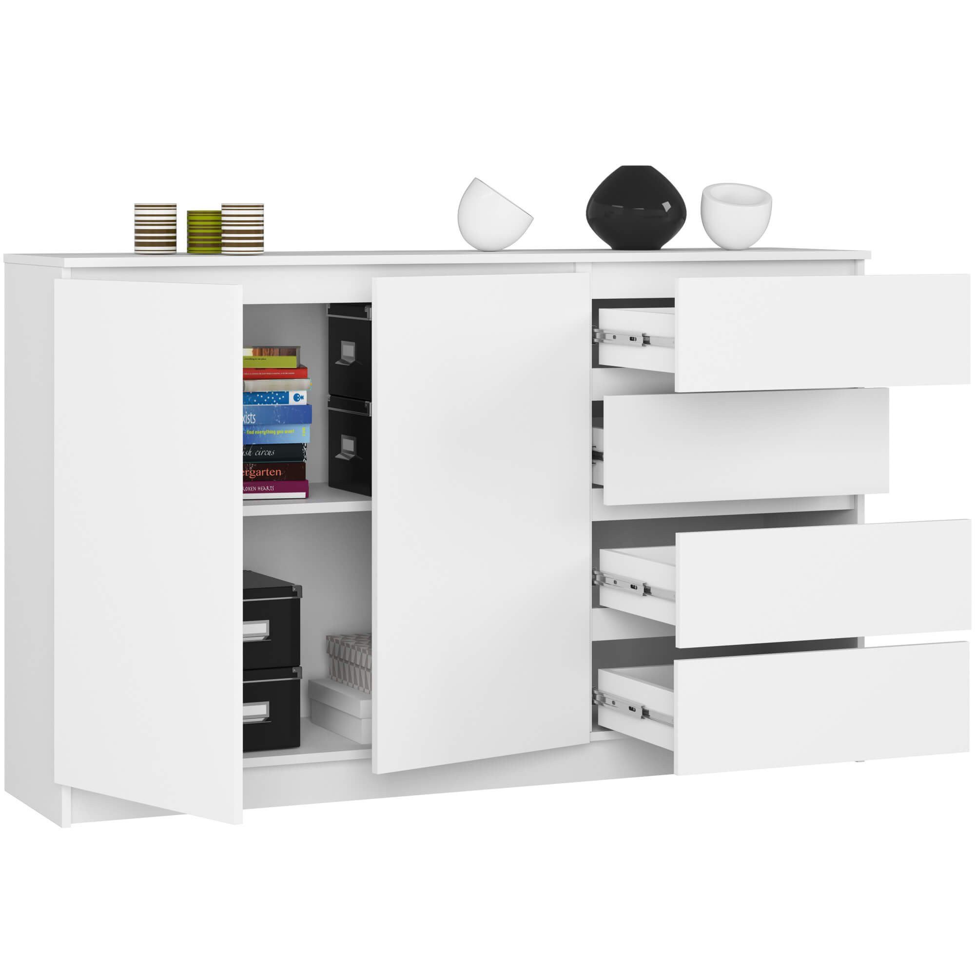 Raumhirsch Furniture Kommode mit 4 Schubladen, 1 Schranktür, 160 cm breit Holz Schrank, Highboard / Kommode 160 cm, Sideboard Organizer für jeden Raum