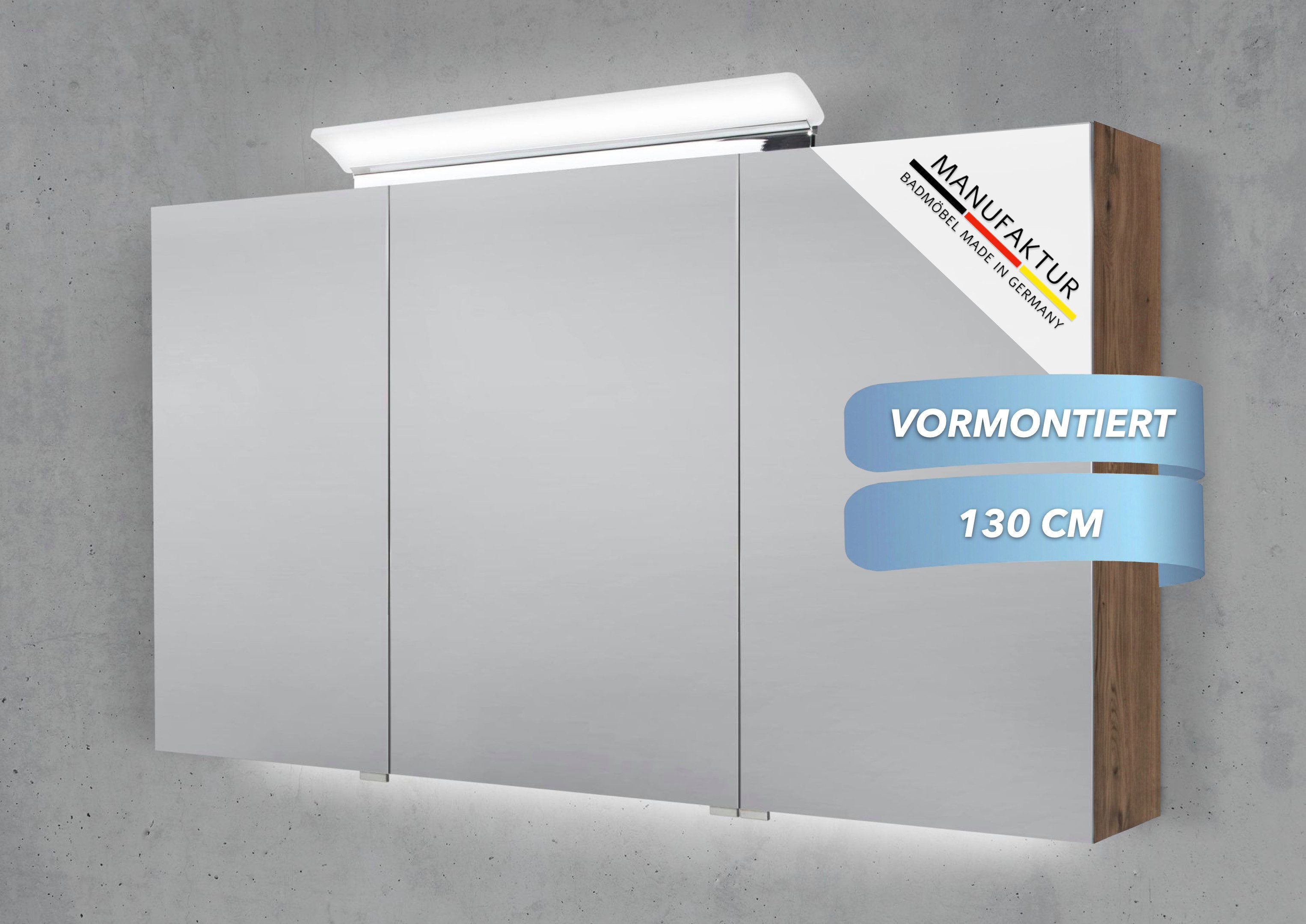 Intarbad Badezimmerspiegelschrank 3-türiger Spiegelschrank mit großflächiger MULTI LED Aufsatzleuchte (Doppelspiegeltüren, Holz-/ Lackdekore, Maße von 120 bis 140 cm wählbar, Höhe 70 cm, Glasfachböden, Magnetleiste & Kosmetikspiegel Ø 12 cm) dimmbar, Vormontierte Lieferung, 160 kg Traglast, Made in Germany