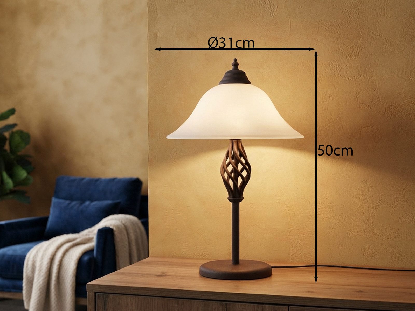 TRIO Leuchten LED Tischleuchte Rostoptik mit Glasschirm, Höhe 50cm, dimmbar, LED wechselbar, Warmweiß, große Tischleuchte Landhaus-Stil, Nachttisch-Lampe rustik – Bild 3 von 5