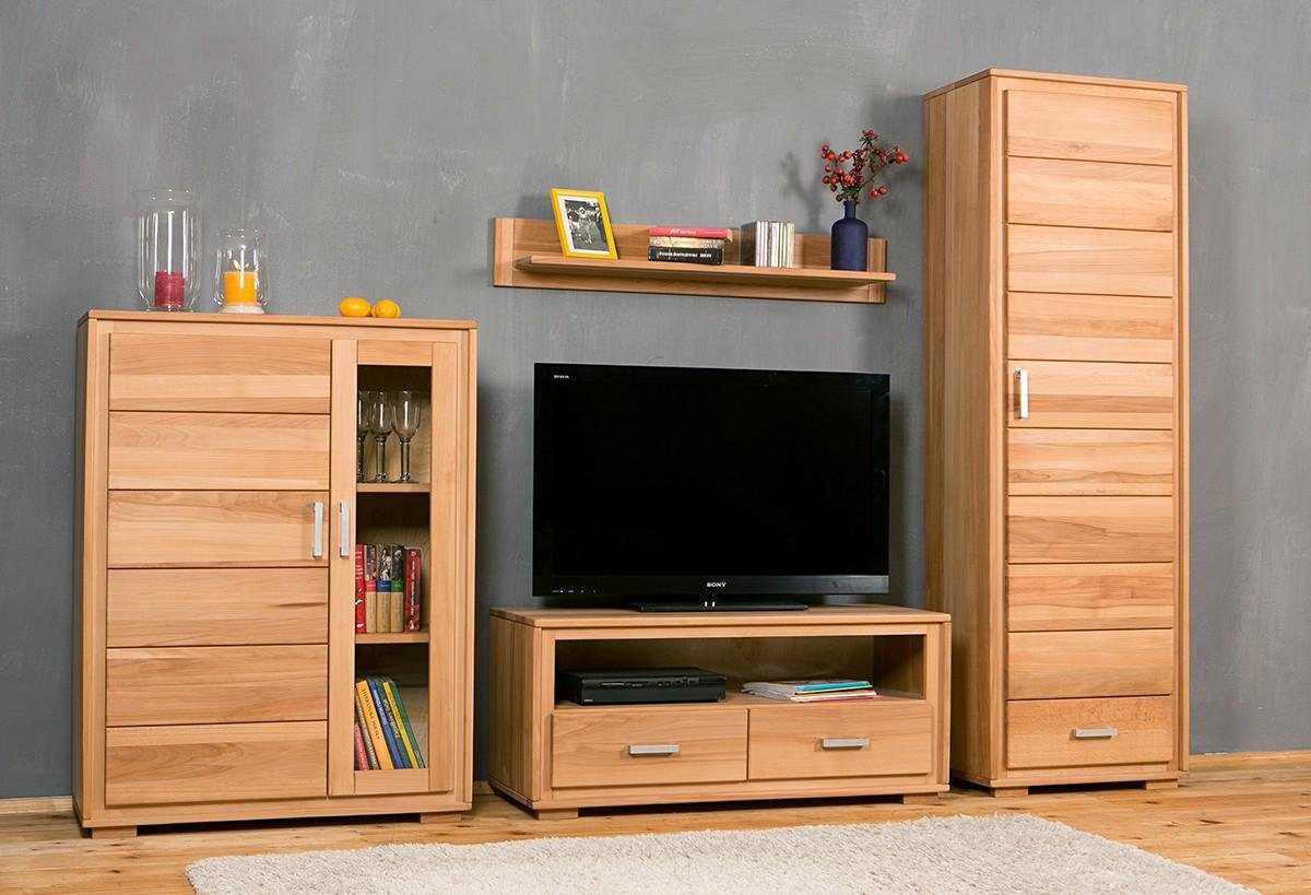 Massivholz Lowboard, 4-teilig, Set TV 1x 1x Wohnwand 1x gewachst Wandboard) Schrank, Trendmöbel24 4-St., I Genf Halb-Vitrine, Wohnwand (Komplett-Set, 1x geölt Kernbuche