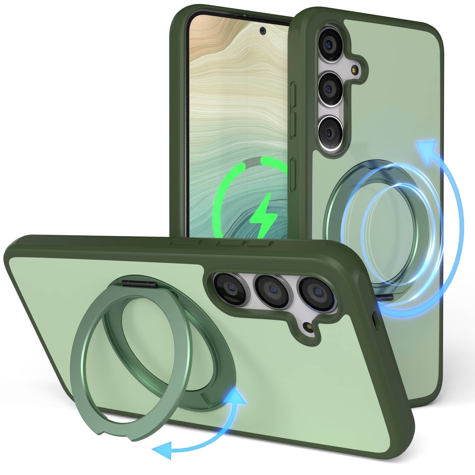 EAZY CASE Handyhülle Outdoor Galaxy S24 Plus Case mit MagSafe Rotation Ring 6,7 Zoll, Backcover Case mit Rotation Ring Outdoor Hülle aufstellbar Dunkelgrün