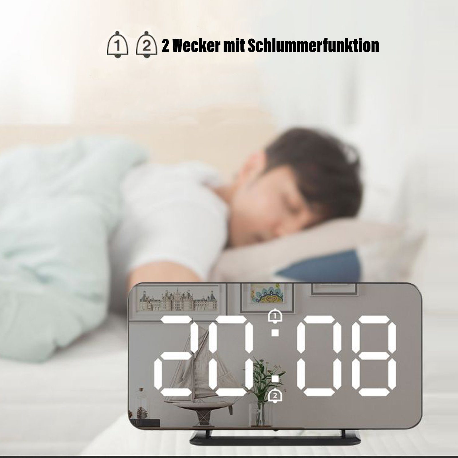 Bett, mit Wecker Digitaler Automatische CALIYO Wecker, Wecker Am USB-Ladeanschlüssen, Helligkeitsanpassung LED-Spiegel-Wecker