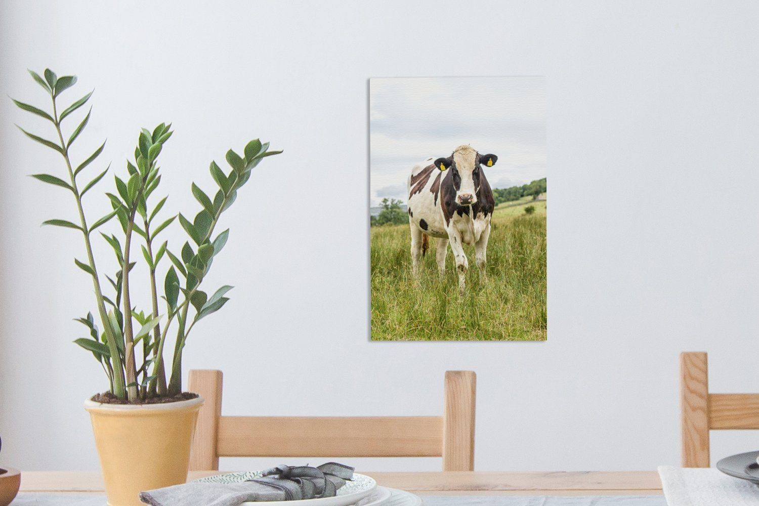 Zackenaufhänger, Leinwandbild 20x30 - (1 St), - bespannt inkl. Schwarz Gemälde, OneMillionCanvasses® Leinwandbild Weiß, fertig cm Gras Kuh -