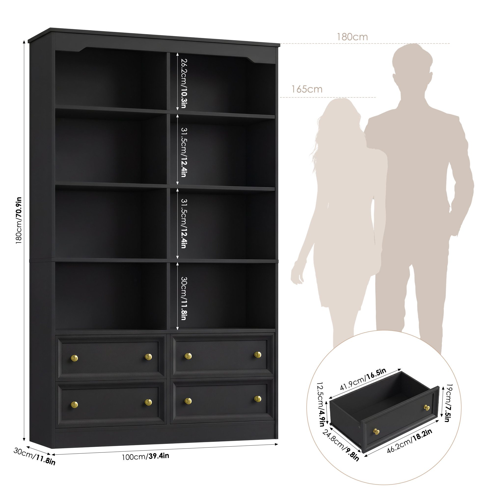 Homfa Bücherregal 180 cm Bücherschrank Hochschrank Mehrzweckschrank Standregal, mit 4 Schubladen und 8 Fächer groß holz 180x30x100cm, schwarz