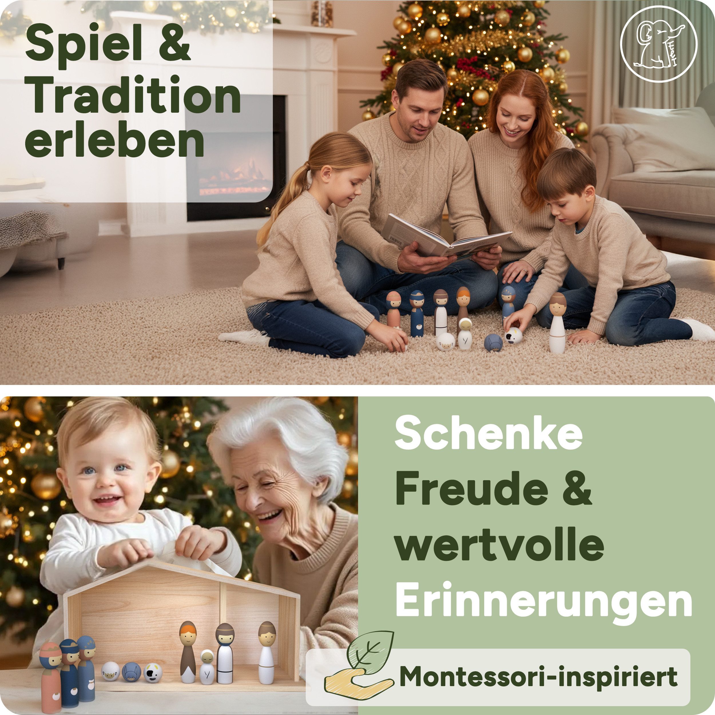 Eli Krippe Weihnachtskrippe aus Holz für Kinder inkl. Krippenfiguren - Tiere (11-tlg), und Spielanleitung - Kinderkrippe - Holzkrippe Jungen - Mädchen