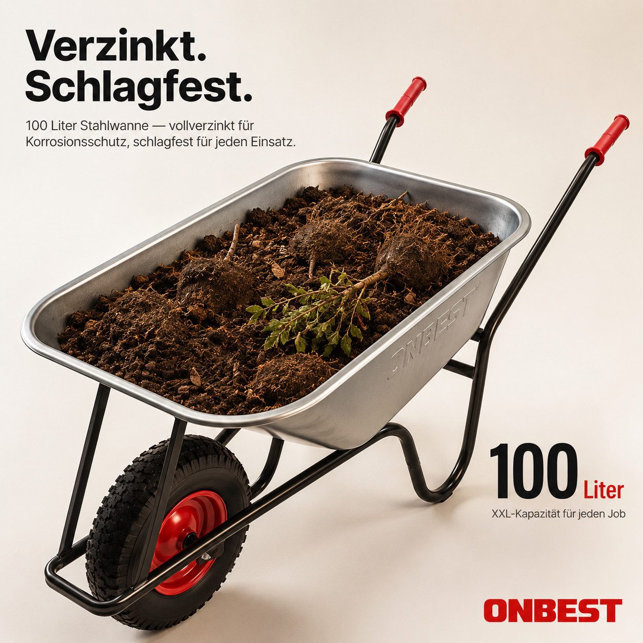 Onbest Schubkarre Gartenwagen Transportkarre verzinkt inklusive Gartensack, 100 Liter Volumen, 250 kg, Stahlrahmen, Pulverberschichtet