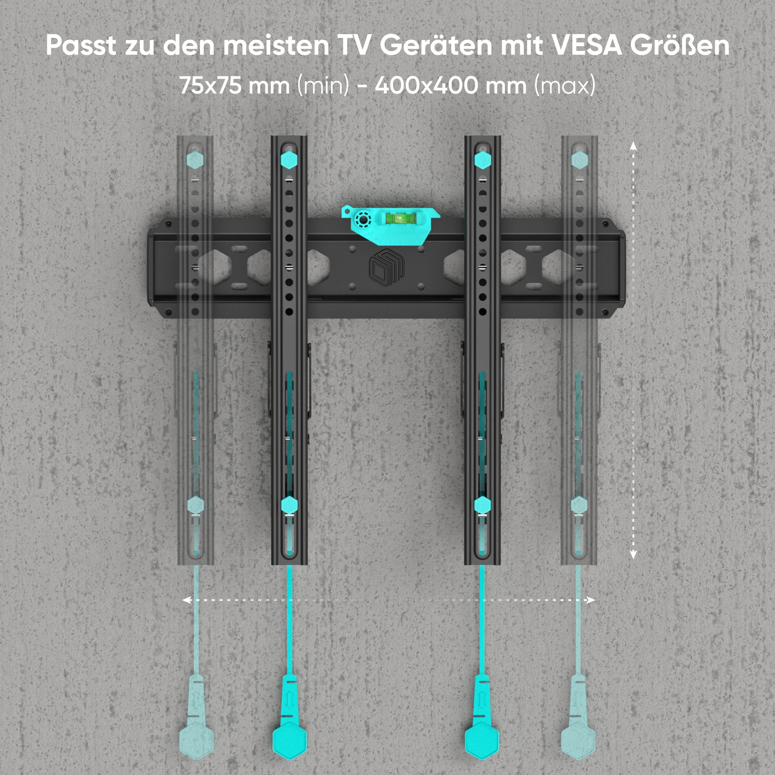 ONKRON TV-Wandhalterung 32-70 Zoll, bis 60 kg, VESA 75x75-400x400, TM5-B, (bis 70 Zoll, neigbar, dünn, flach, Click’n’Pull-System, Wasserwaage)