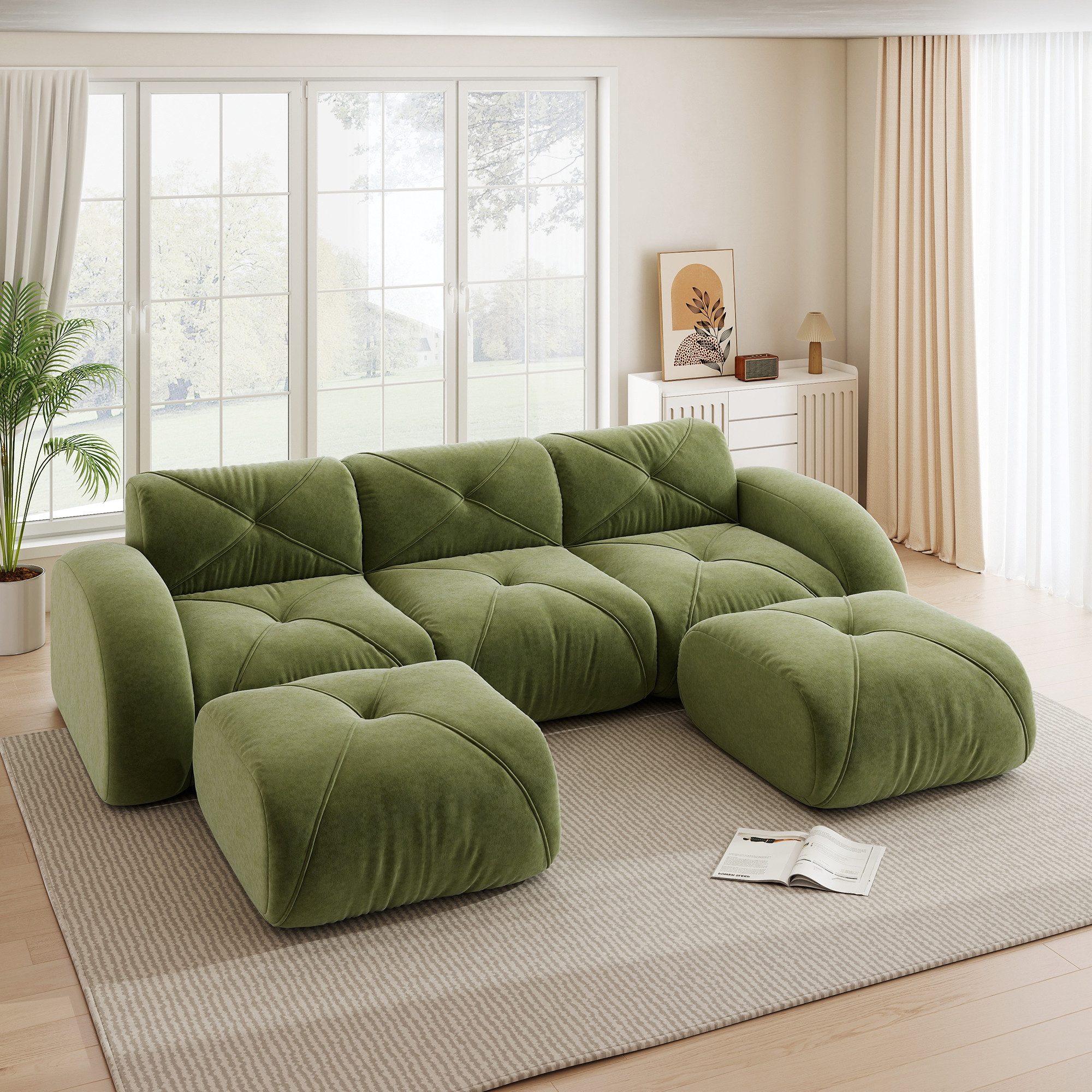 Totnz Sofa Modulsofa flexibel kombinierbar, Loungesofa, rahmenloses Sofa, 3-Sitzer-Sofa mit 2 Hochern für Wohnzimmer, multifunktional erweiterbar 5 Teile, Chenille, rutschfestes Design