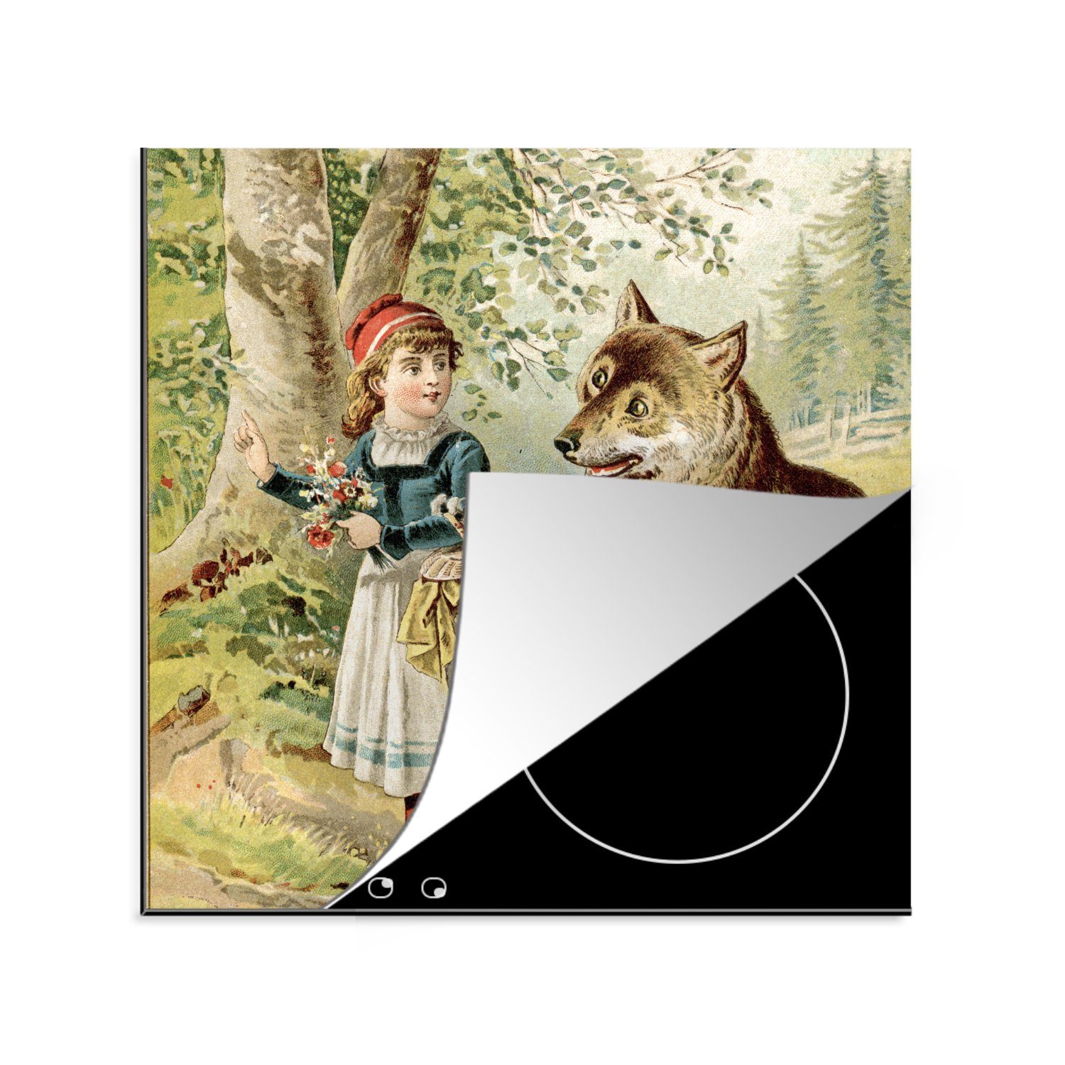 MuchoWow Herdblende-/Abdeckplatte Wolf - Rotkäppchen - Wald, Vinyl, (1 tlg), 78x78 cm, Ceranfeldabdeckung, Arbeitsplatte für küche