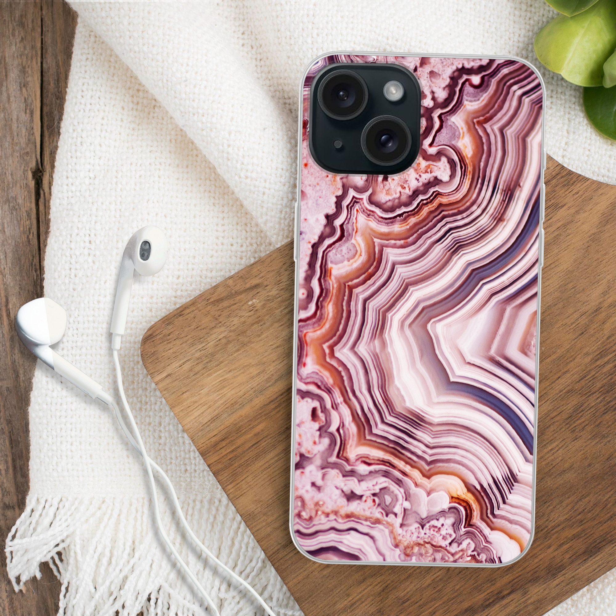 MuchoWow Handyhülle für Apple iPhone 15 Naturstein - Rosa - Luxus, Smartphone-Bumper, Print, Handy Schutzhülle Dünn