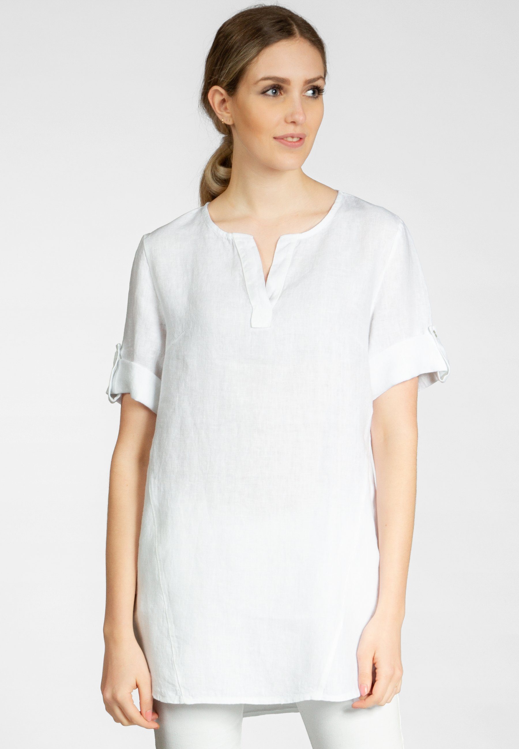 Caspar Longbluse BLU023 lange Sommer elegante Damen Halbarm weiss Leinenbluse