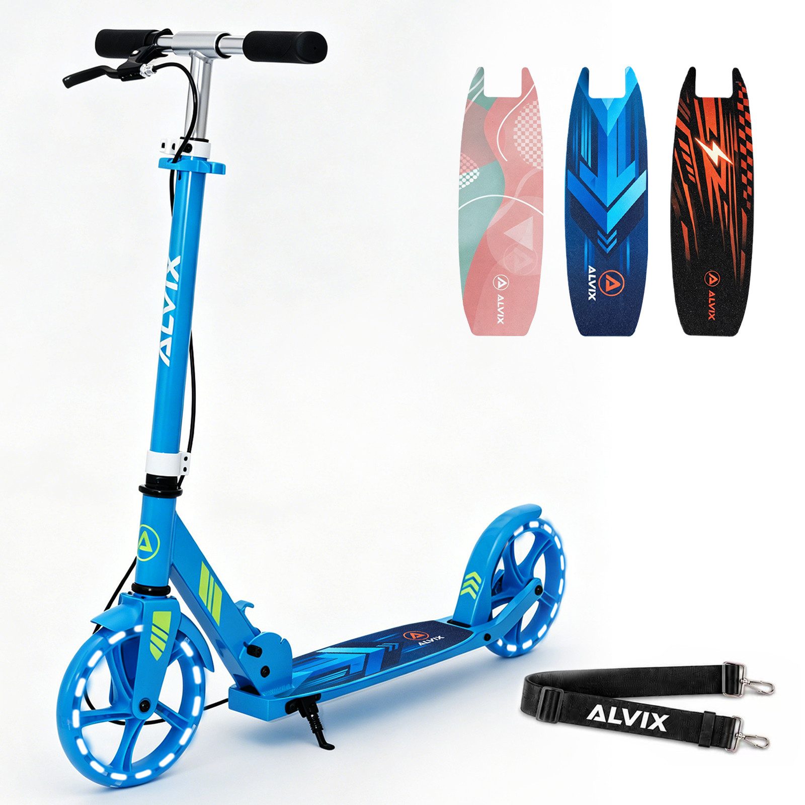 ALVIX Cityroller Kinderroller K-Serie mit Handbremse, (Einzelartikel, 1 Scooter, 1 Tragegurt, 1 Bedienungsanleitung), 200-mm-LED-Räder, breites 120-mm-Deck, faltbar, Tragegurt