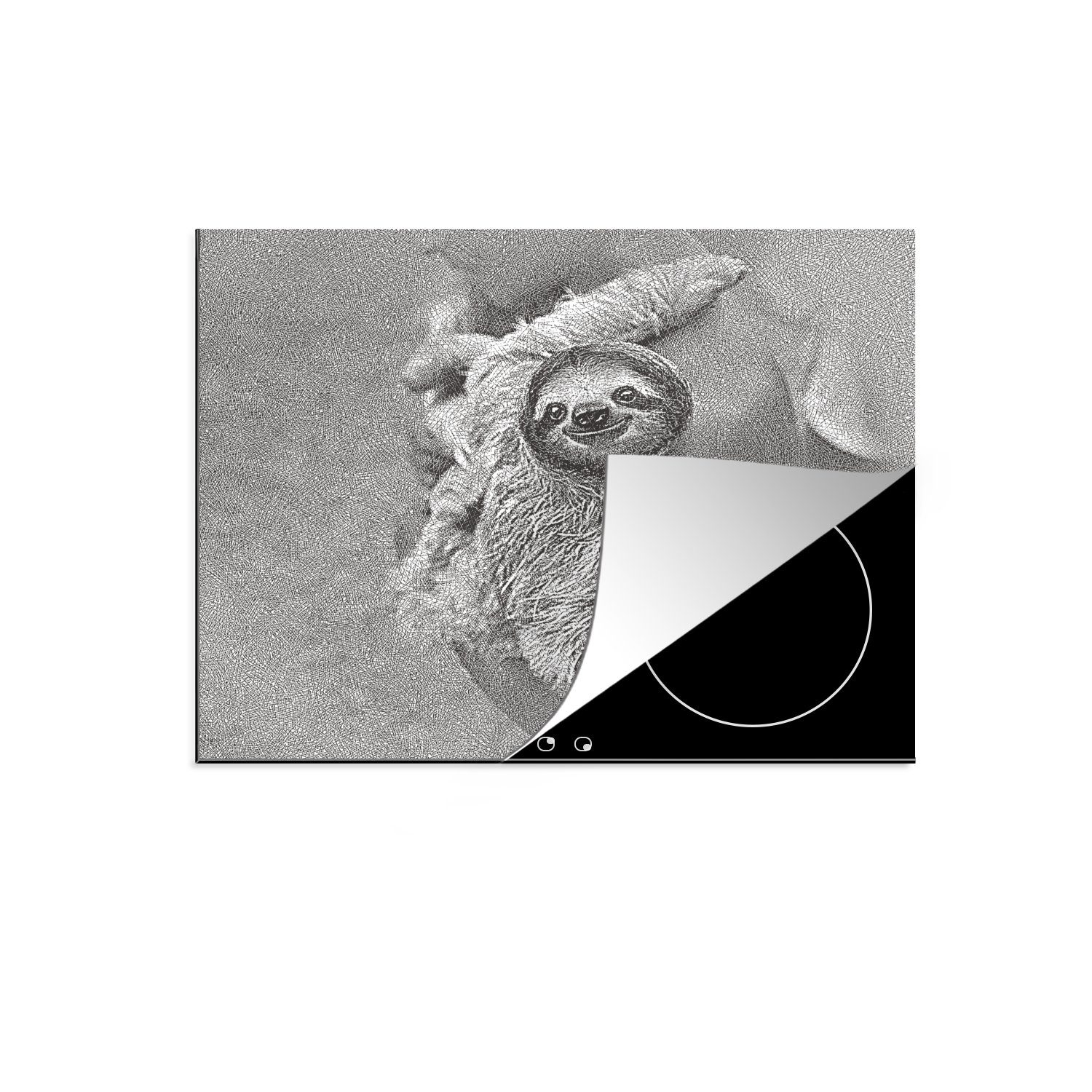 MuchoWow Herdblende-/Abdeckplatte Illustration eines glücklichen geretteten Faultiers, Vinyl, (1 tlg), 60x52 cm, Mobile Arbeitsfläche nutzbar, Ceranfeldabdeckung
