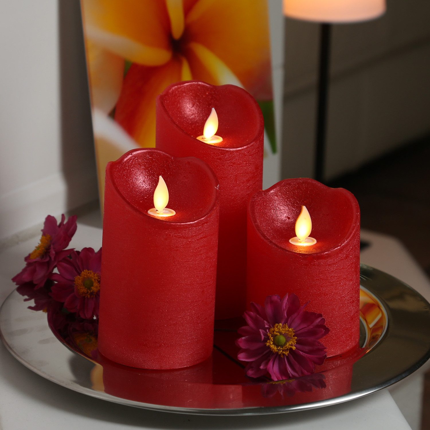 MARELIDA LED-Kerze LED Kerzenset Rustik-Optik mit beweglicher Flamme Fernb. 3er Set rot, LED Classic, warmweiß (2100K bis 3000K)