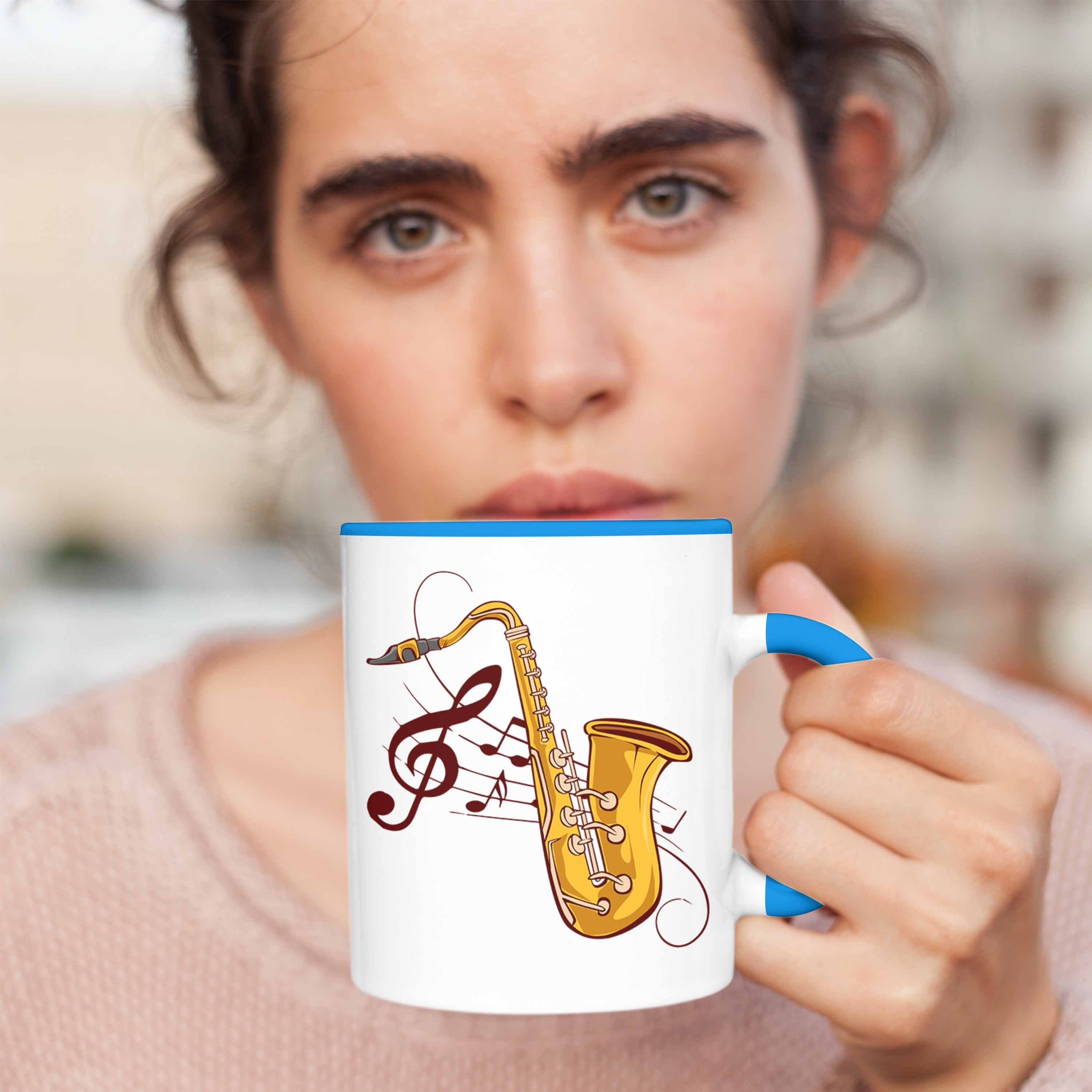 Saxofon-Tasse Trendation Geschenk Geschenkidee Blau Lustige Saxofonspieler Tasse