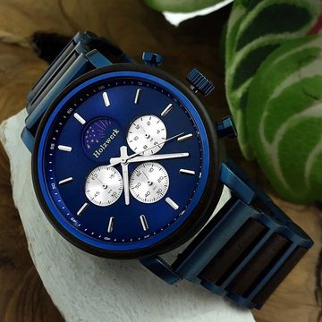 Holzwerk Chronograph BARUTH Herren Edelstahl & Holz Armband Uhr, Mondphase, schwarz, blau