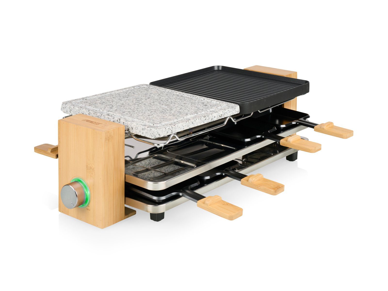 PRINCESS Raclette, 8 Raclettepfännchen, 1300 W, Bambus 5in1 Gerät für 2-8 Personen Tisch-Grill & Steingrill-Platte