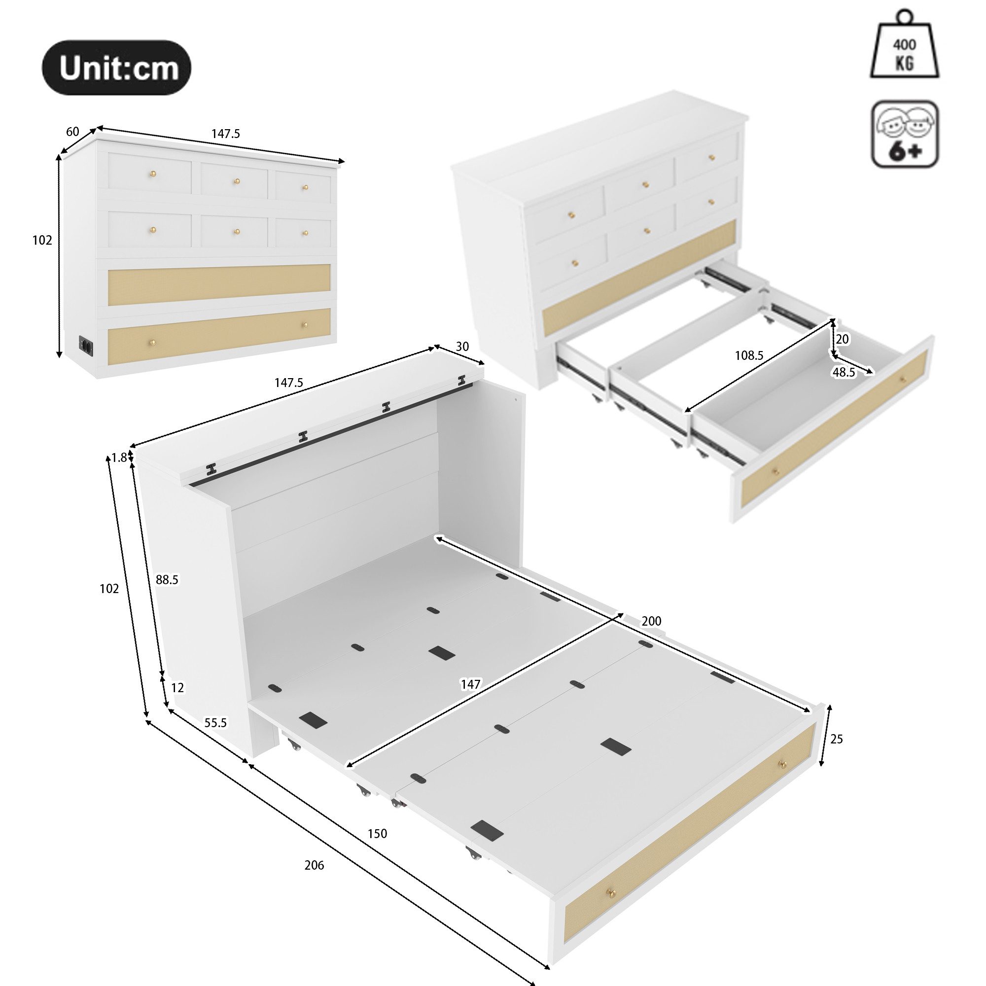 TavilaEcon Schrankbett Klappbett mit Schubladen am Bettende & USB & Steckdose, 140x200cm Umbaubares Plattformbett, Weiß – Bild 5 von 5