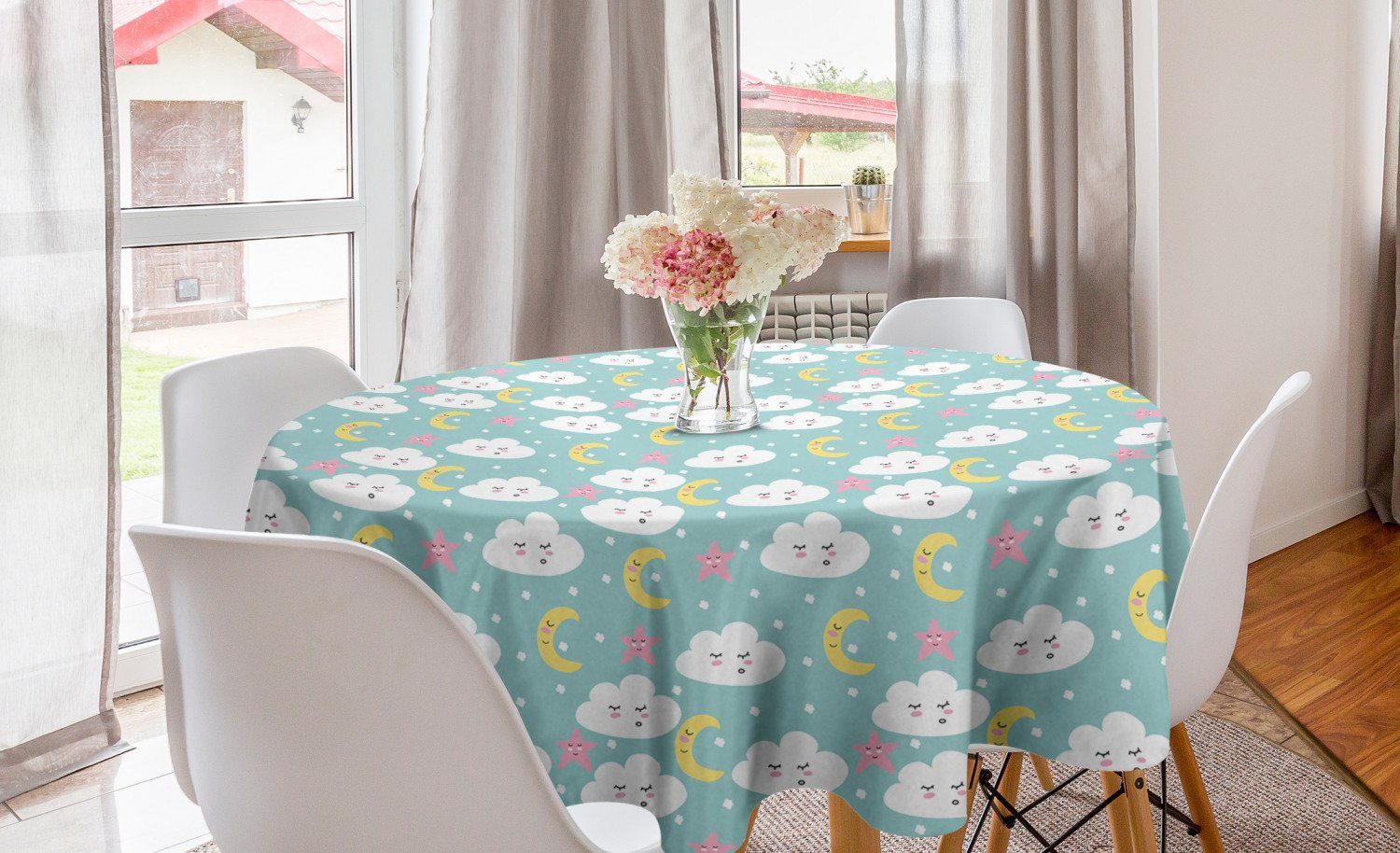 Abakuhaus Tischdecke Kreis Tischdecke Abdeckung für Esszimmer Küche Dekoration, Kindisch Wolken Sterne und Kipferl