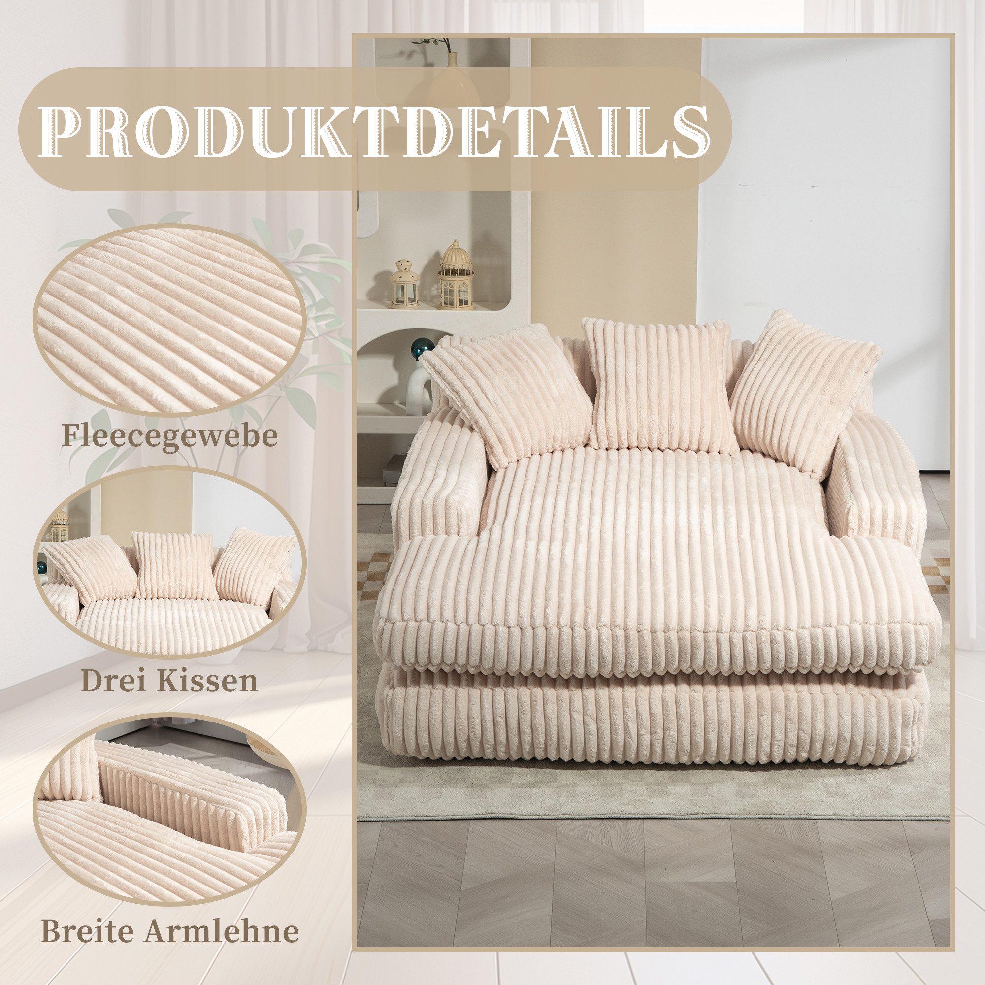 Celya Sofa Cord-Schlafsofa mit 3 Kissen,Bequemes Einzelsitz-Bodensofa,Loungesofa, fur Wohnzimmer, Büro & Wohnung,Beige – Bild 4 von 5