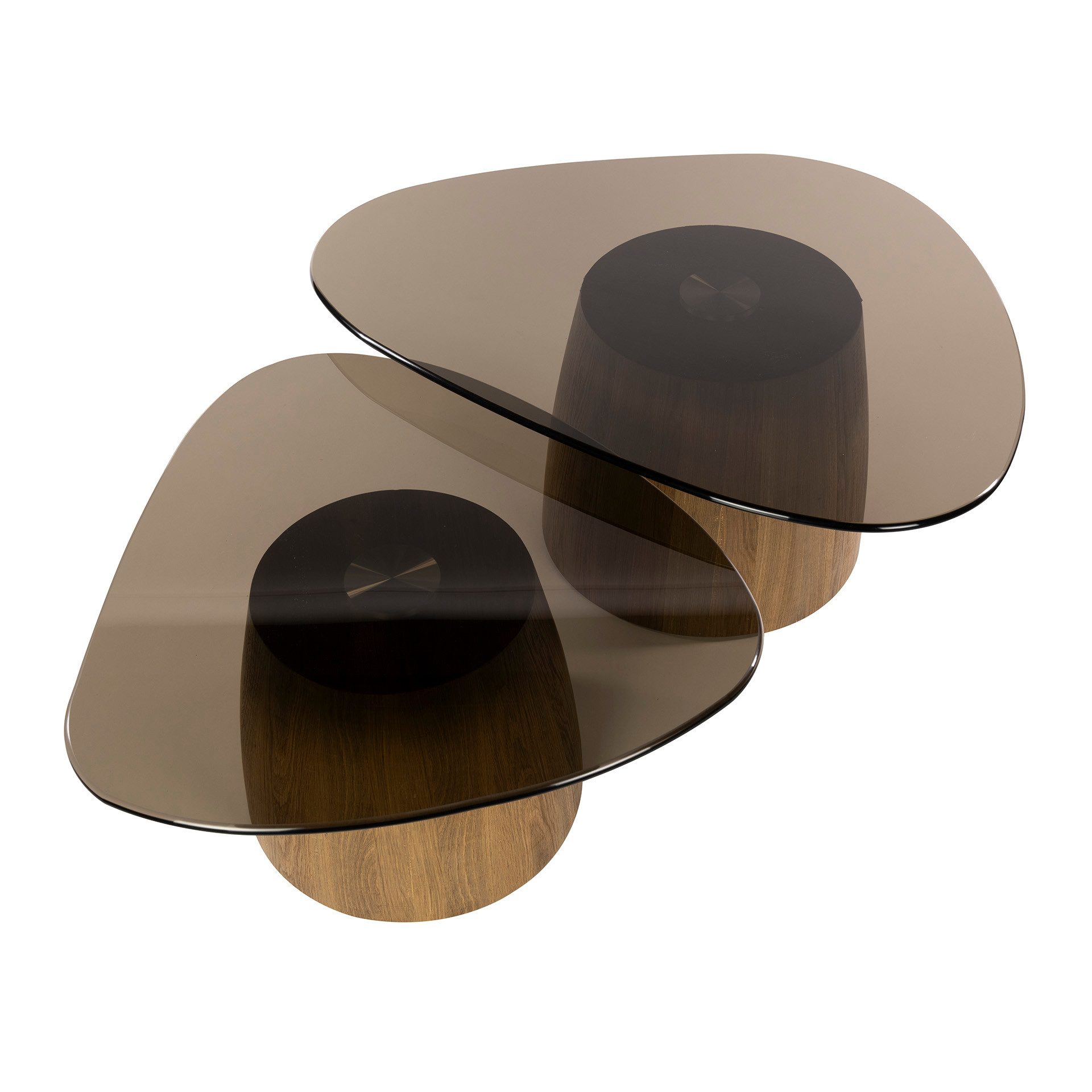 LEVEN Lifestyle Couchtisch 2 tlg. Wohnzimmertisch KANSO abgerundete Dreiecksform mit Glasplatte (2´er Set), Tischplatten aus gehärtetem, braunem Rauchglas