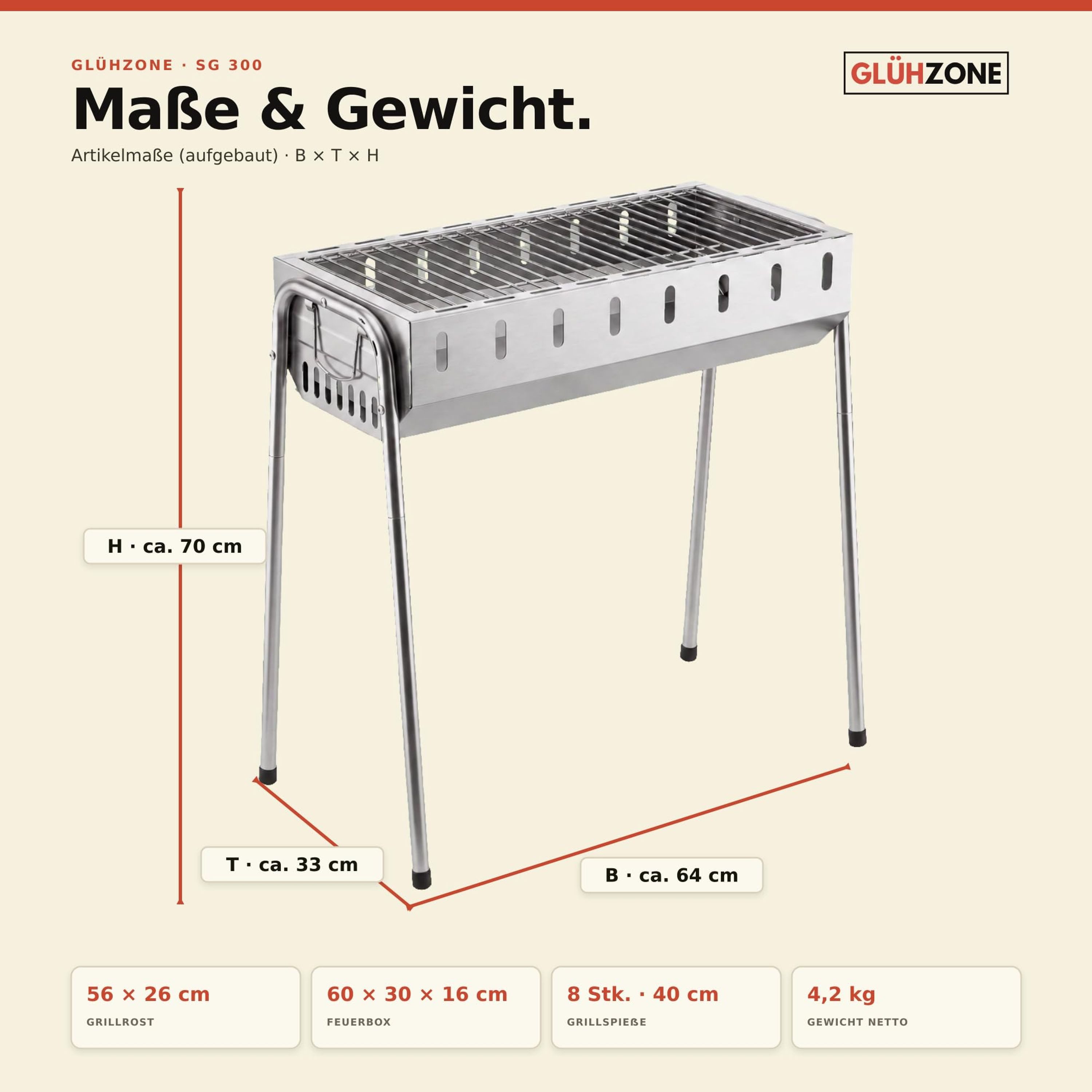 GLÜHZONE Holzkohlegrill SG 300, Schaschlikgrill, Holzkohle, Edelstahl inkl. 8 Grillspieße