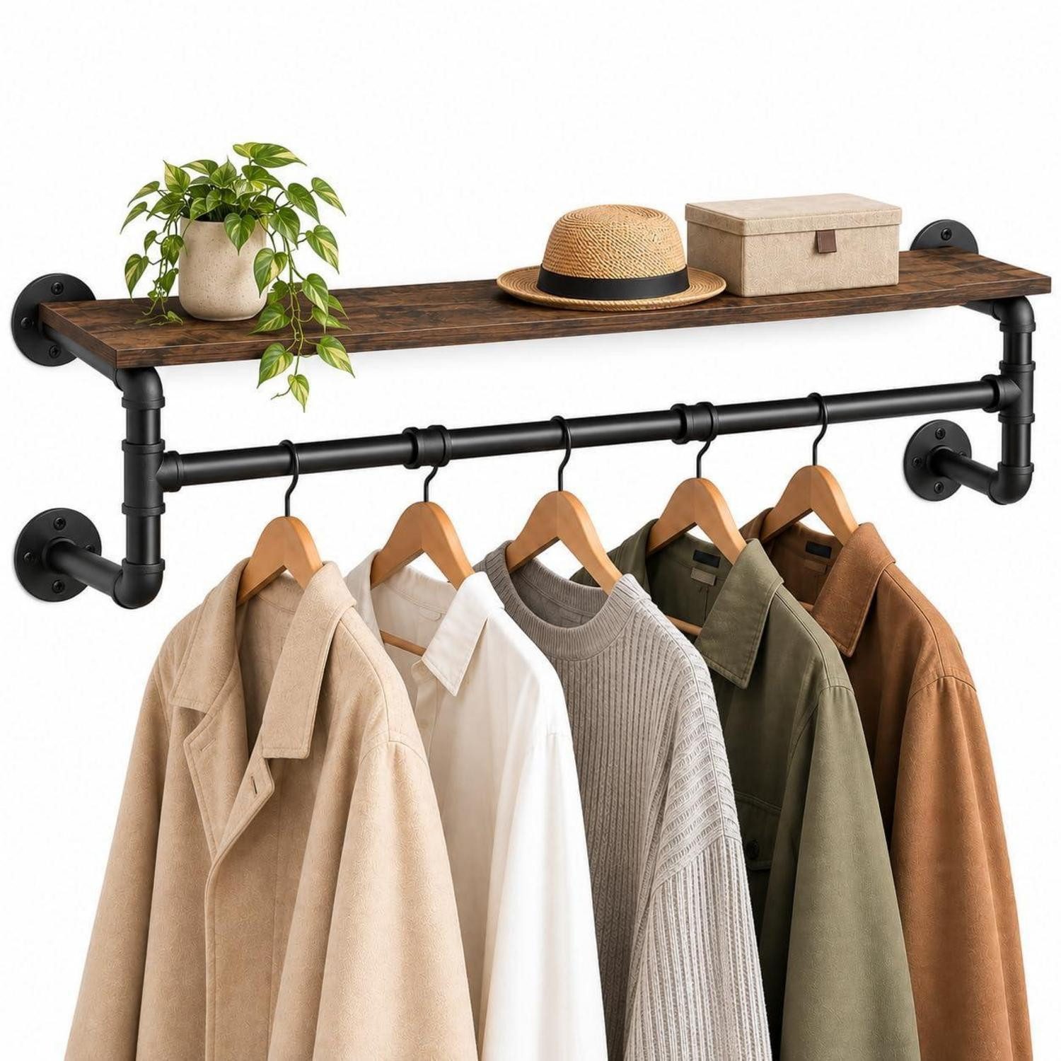 LuxusKollektion Garderobenstange Wandgarderobe mit Ablage Industrierohrstil matt-schwarz, (1 St)