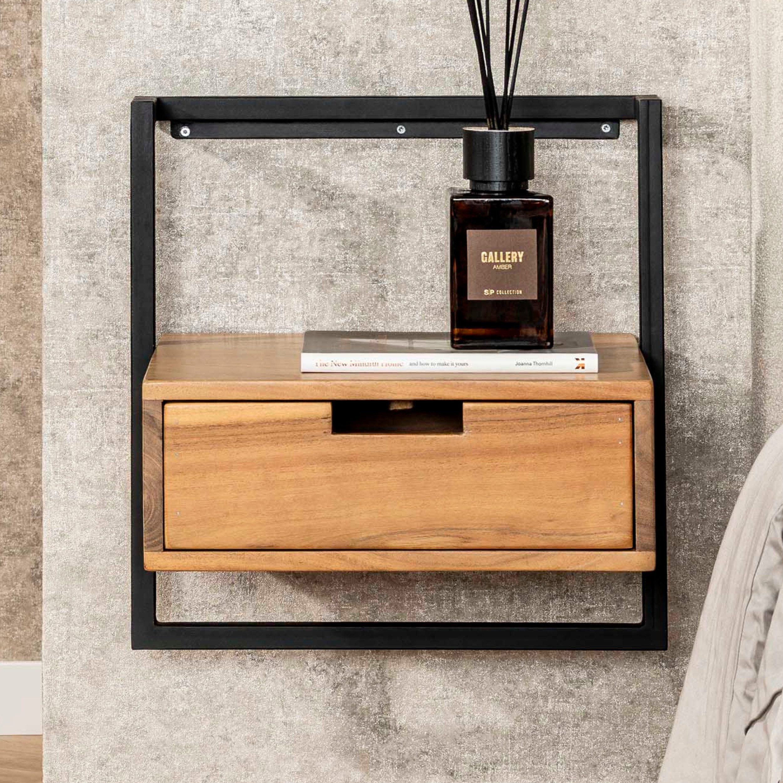alesvelt Nachttisch AIR SOLID Schwebende Industrial-Konsole mit Massivholz- Schublade (1-Tisch), 44x35x45cm, Akazienholz
