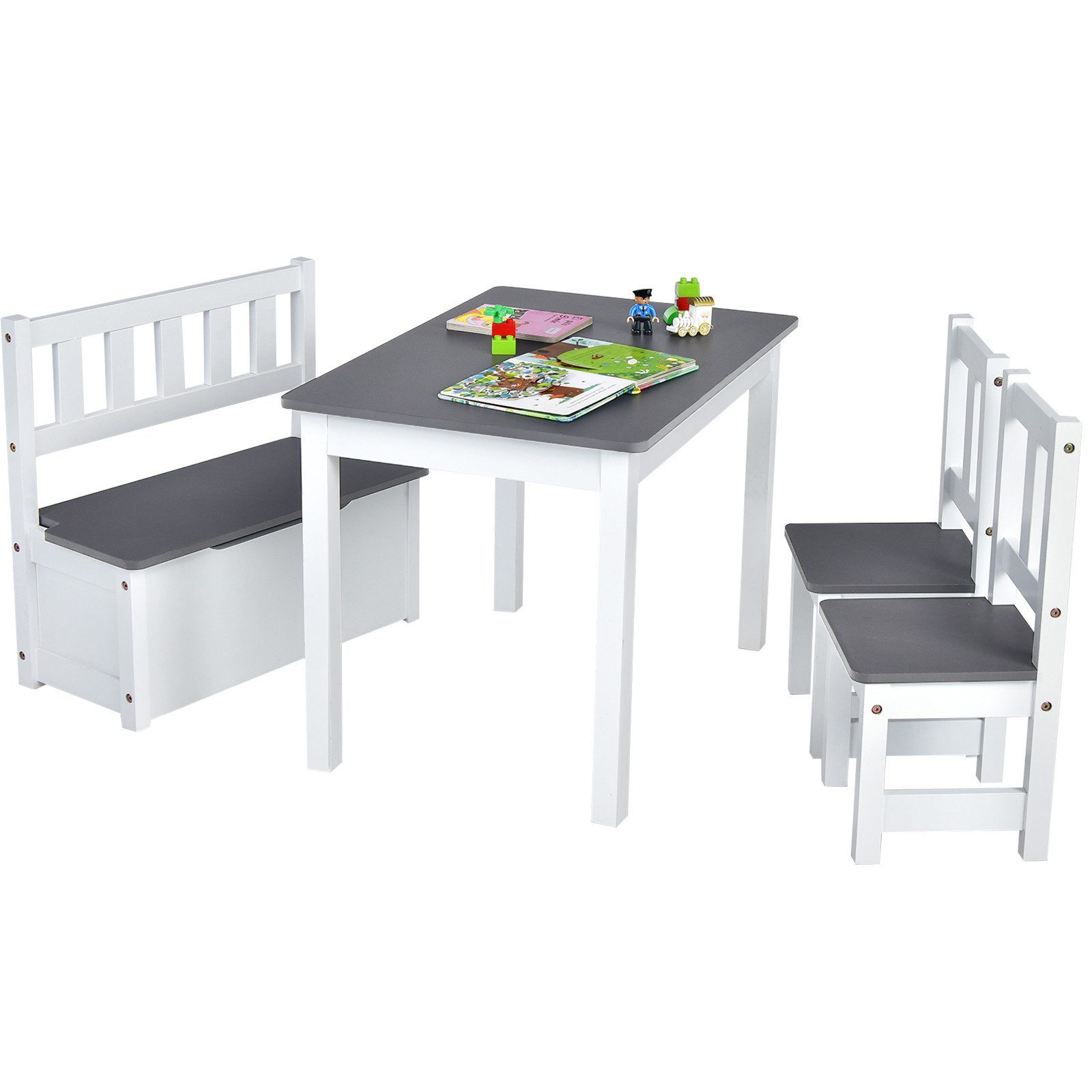 COSTWAY Kindersitzgruppe, Kindertisch mit 2 Stühlen, Sitzbank mit Stauraum günstig online kaufen