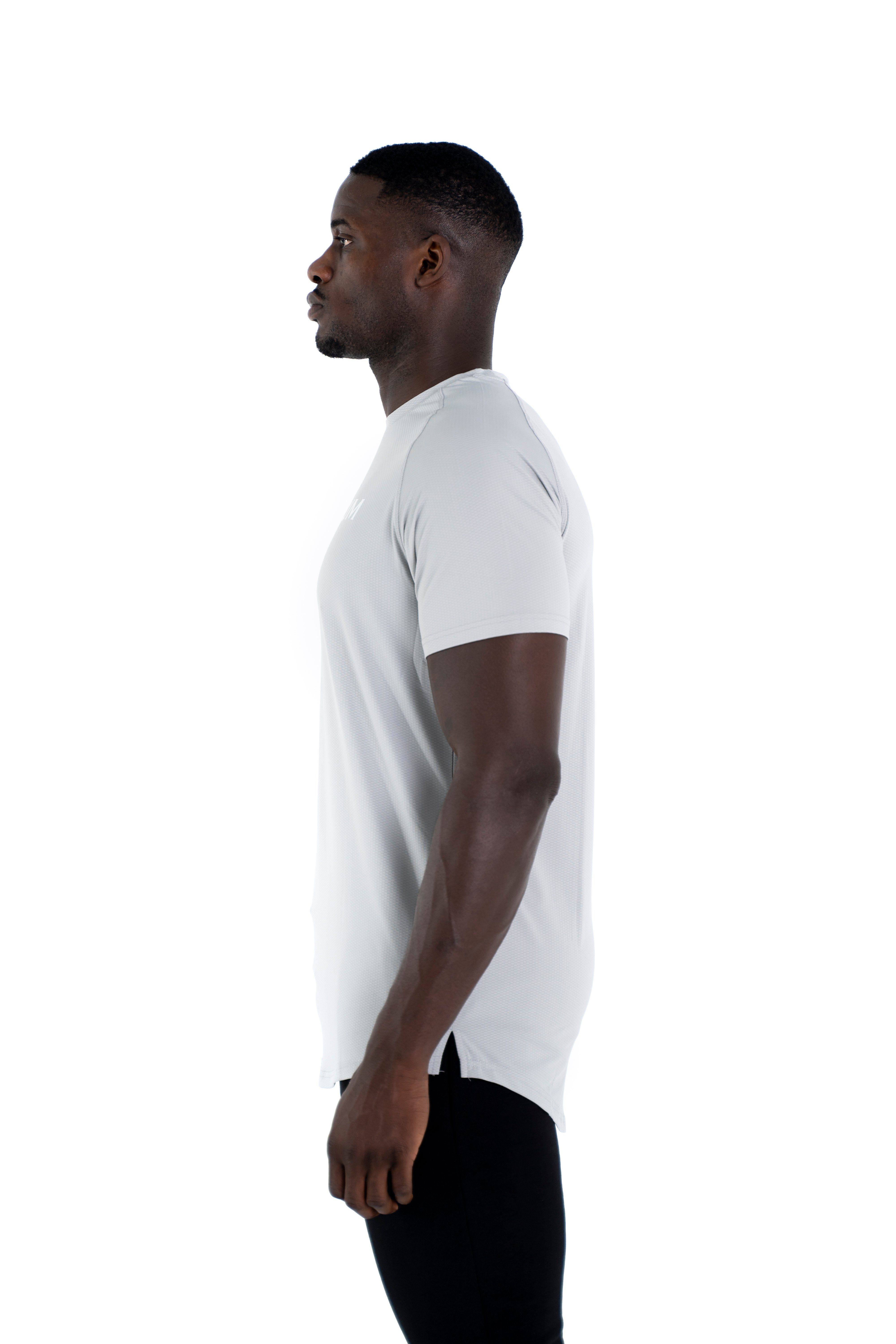 und grau T-Shirt Figurbetont Sportlicher Funktionsshirt Saum Schulterschnitt, elastisch Sportwear Abgerundeter Universum