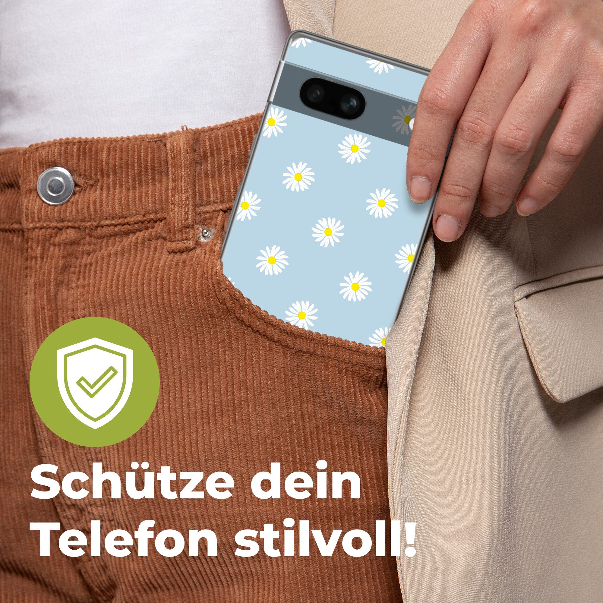 MuchoWow Handyhülle für Google Pixel 7a Gänseblümchen - Pastell - Weiß - Blau - Blumen, Handy Case, Silikon, Bumper Case Dünn
